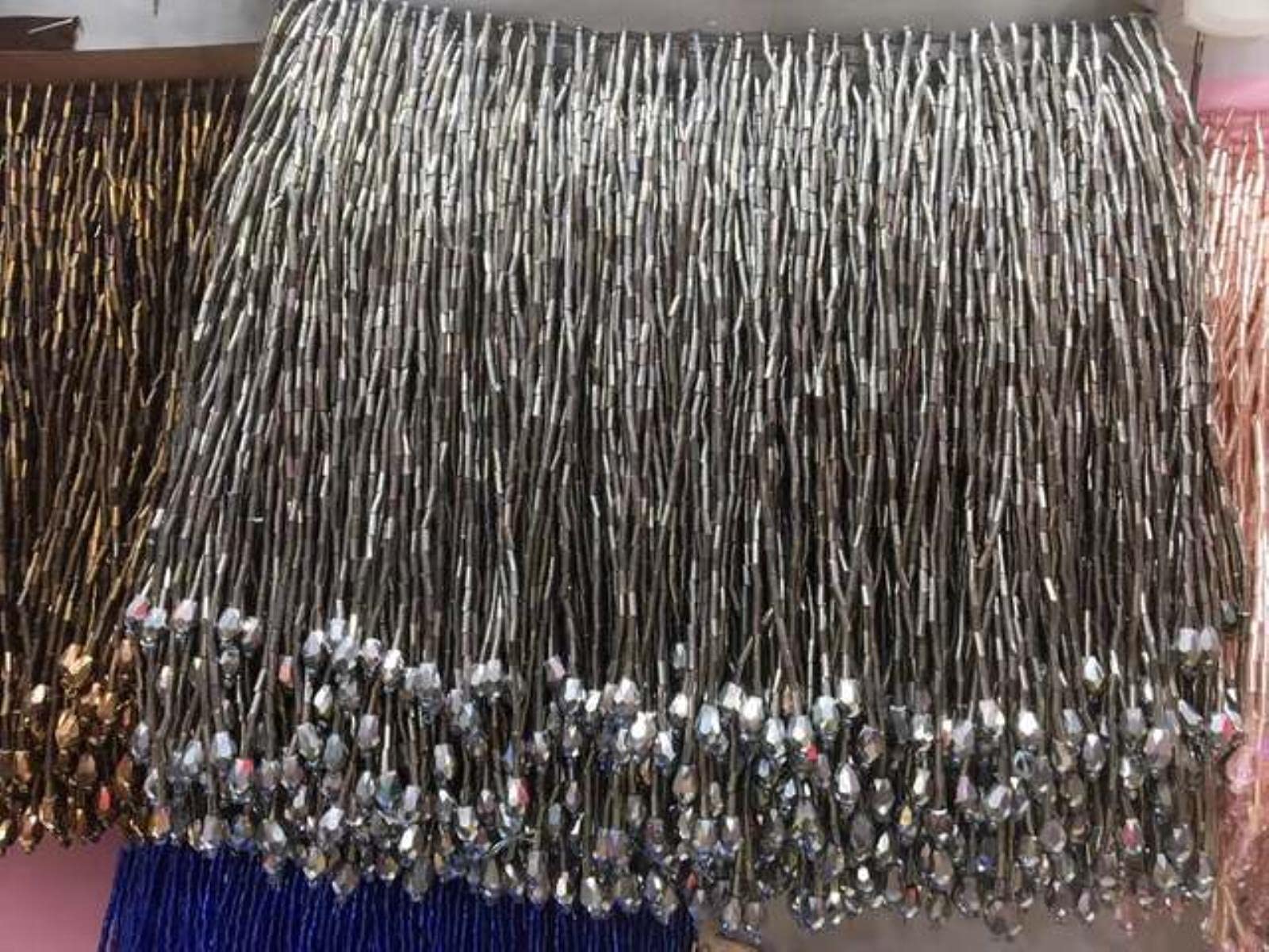 Fringe Trim,Sequin Fringe,1 Yard Black Bead Fringe Tassel Trim for Dance Costume Haute Couture Dress Trimming Beading Fringe (Color : Grey) (Color : Grey)