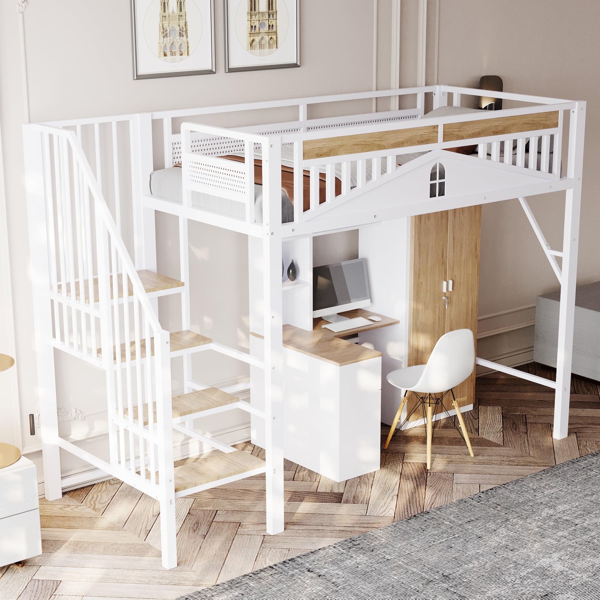 Cama alta de metal 90x200 con escalera segura que soluciona la falta de espacio