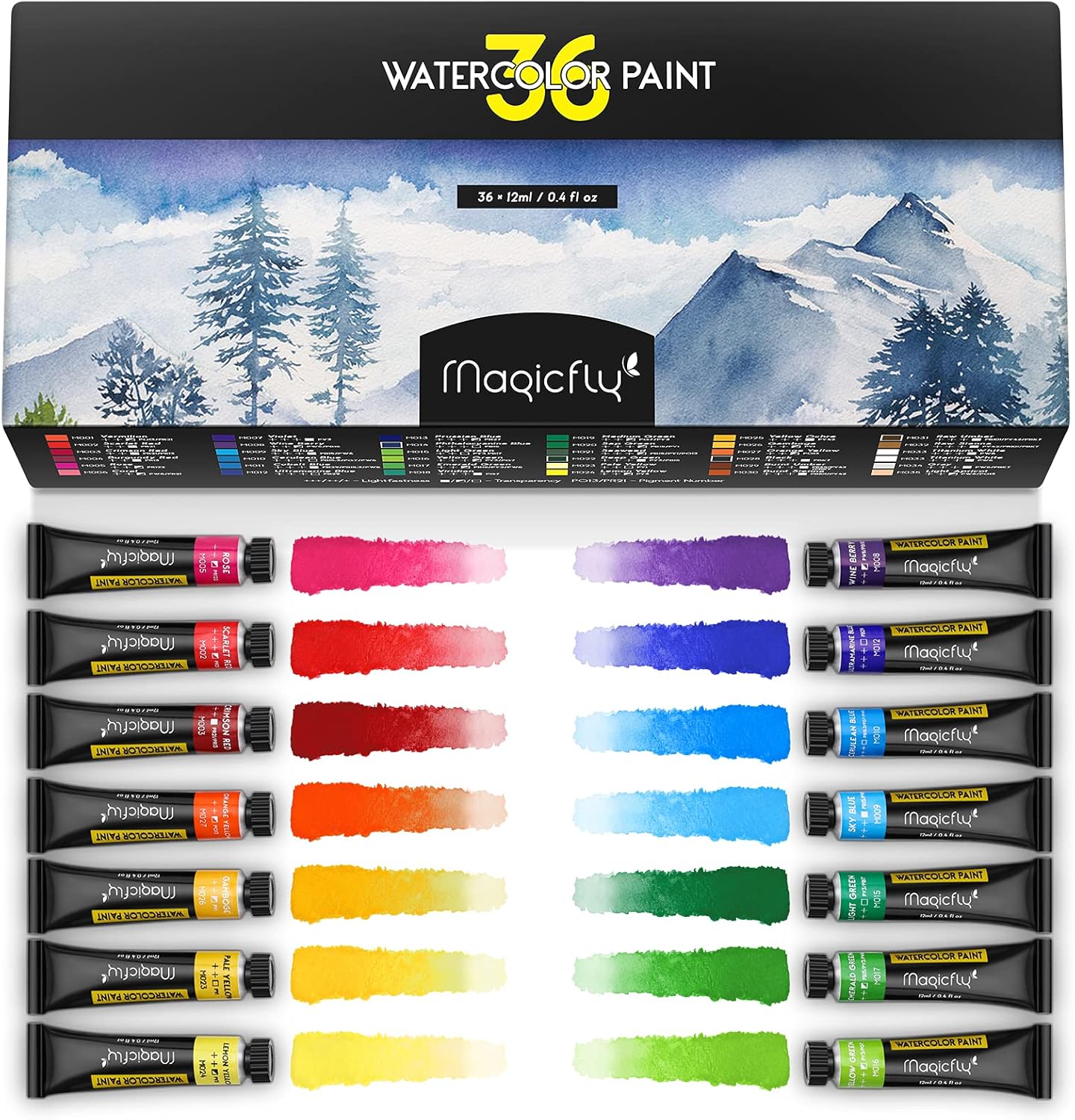 Magicfly Watercolor Paint, Set of 36 Colors/Tubes, 36x12ml/0.4 oz with