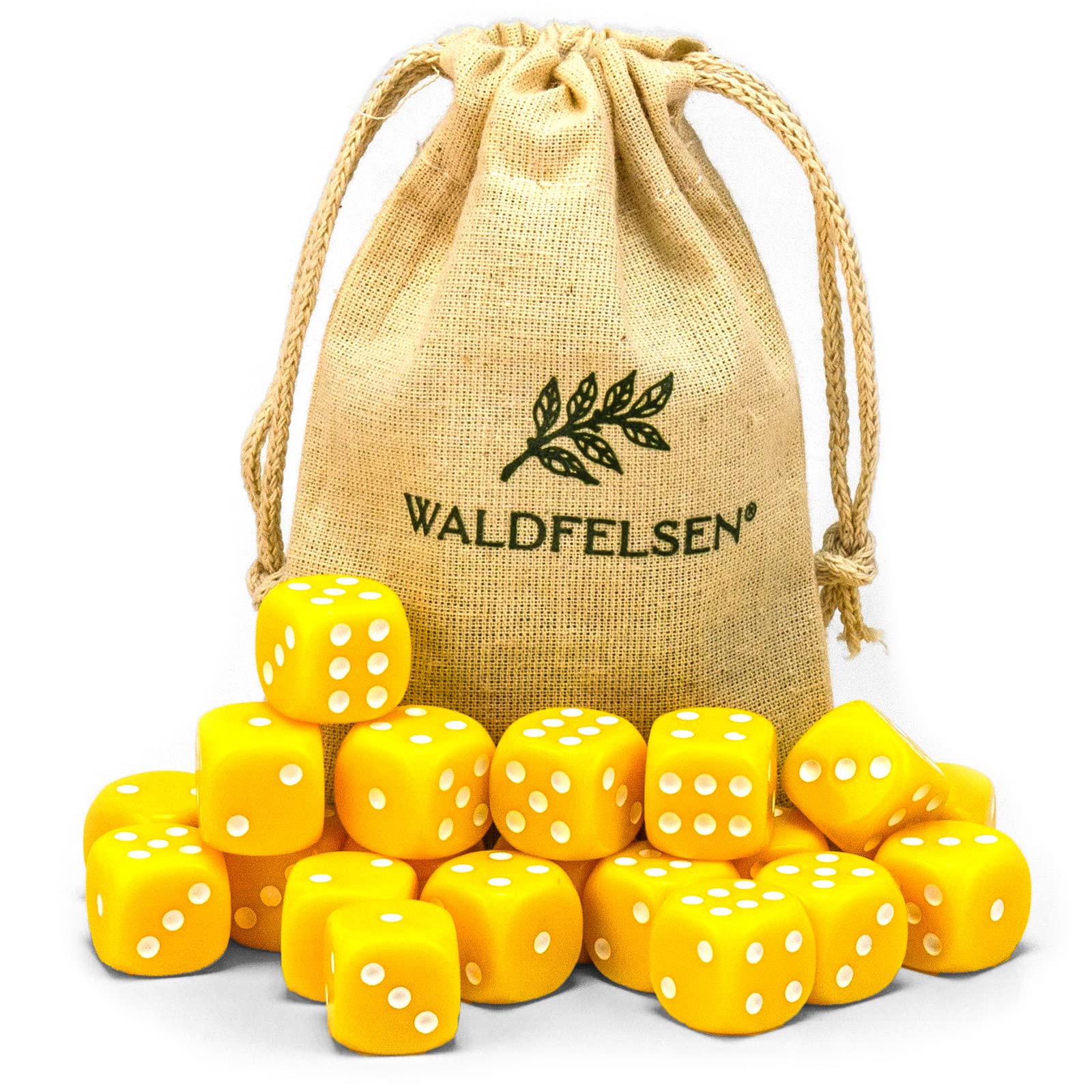 Waldfelsen® 6, 12, 20, 30 or 50 High Quality Dice Standard Size 16 mm Acrylic Cube Puzzle Play Cube Dice 6-Sided Six-Sided Game Accessory Set with Cloth Bag (Yellow, Pack of 20)