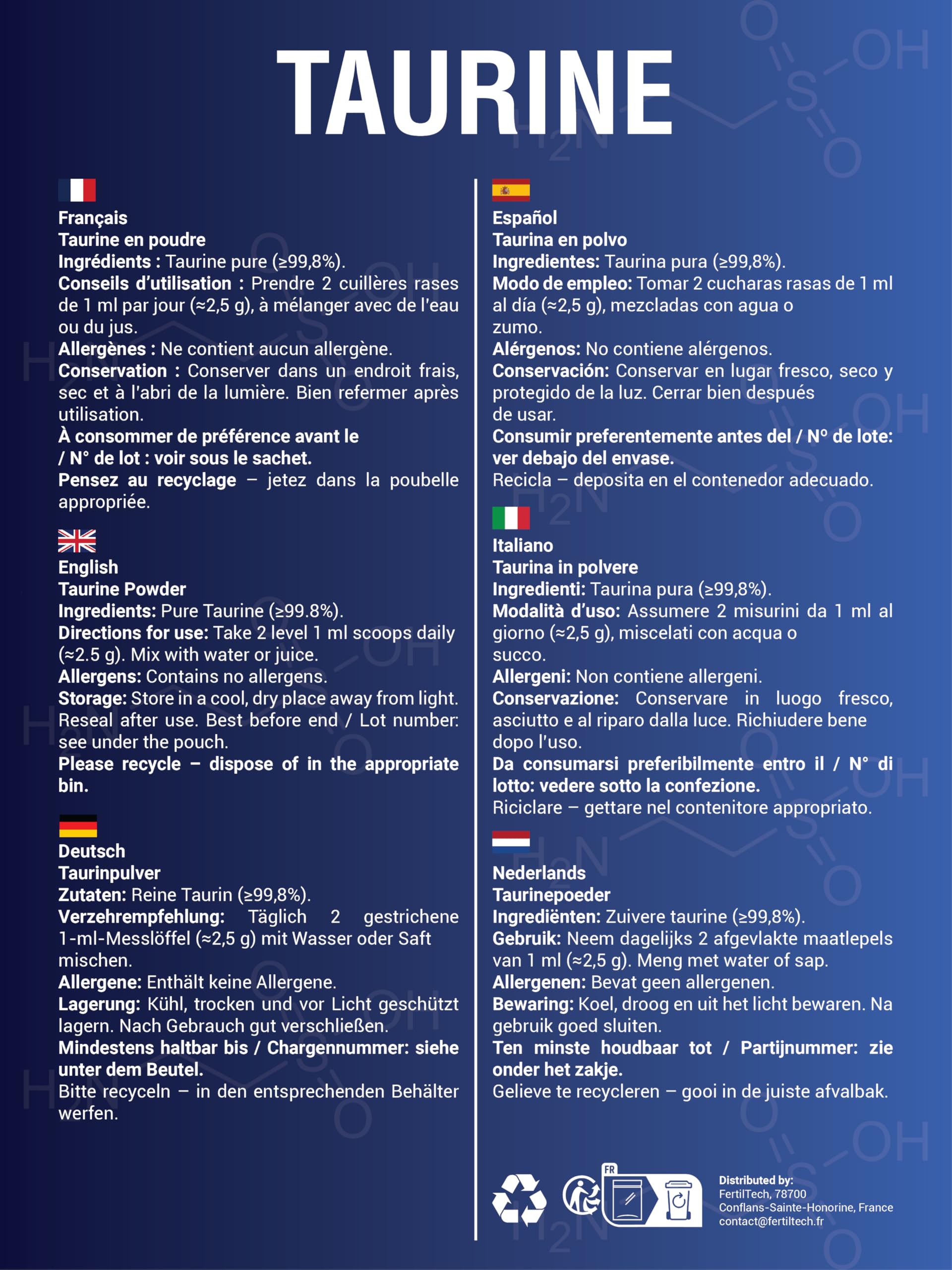 Taurina in Polvere 1,2 kg - Purezza ≥ 99,8% - Integratore alimentare - Vegano - Senza Allergeni - Qualità Premium