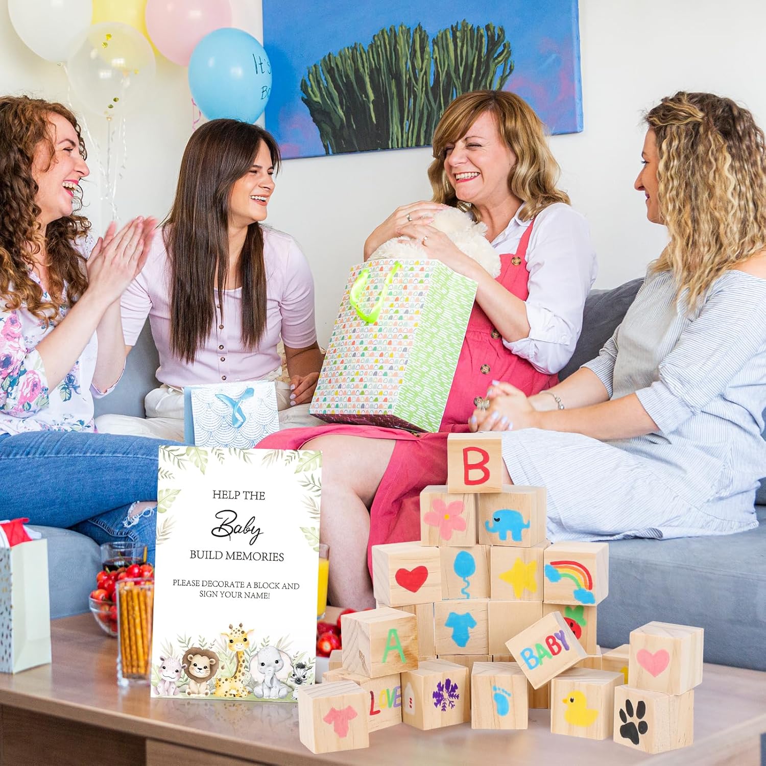 150 PCS Safari Baby Shower Games Sign Kit Includes 100 Wooden Blocks, 48 Markers, 1 Game Sign, 1 Storage Box for Baby Shower Gender Reveal Activity Party Decorations