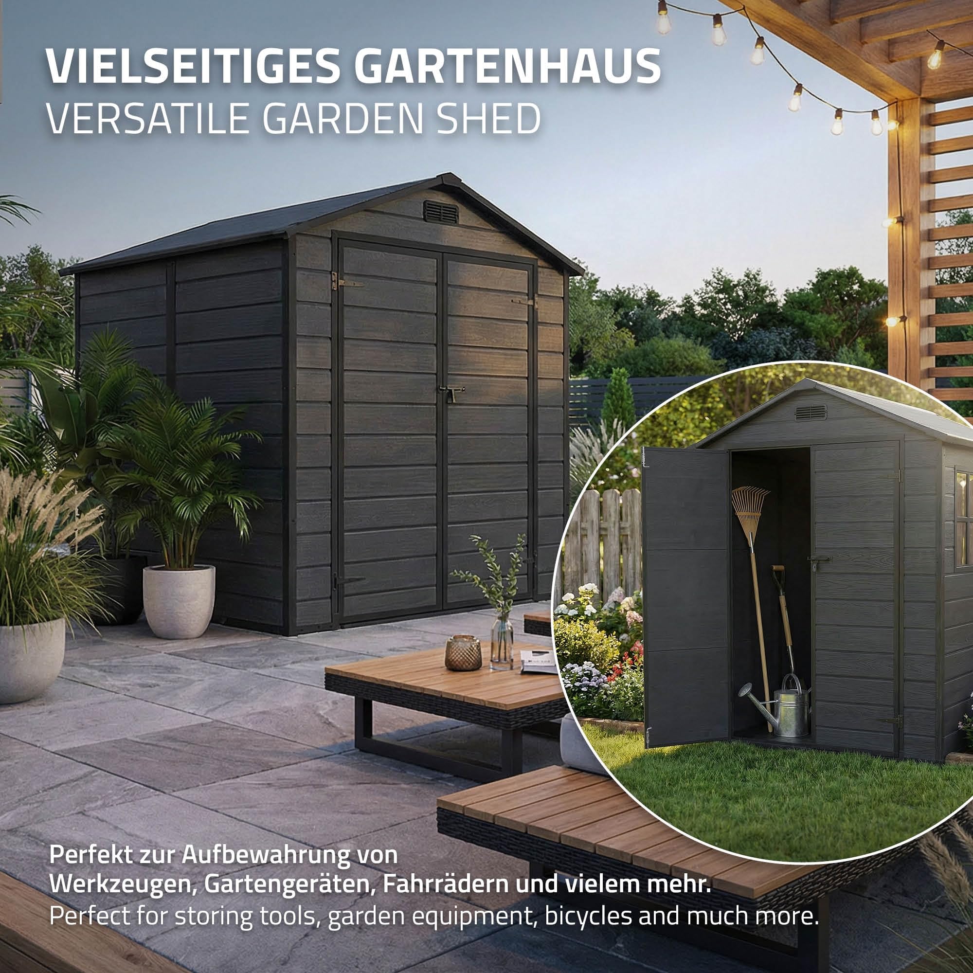 ECD Germany Caseta de Jardín con Suelo, 5m³ 151x182x220 cm, Gris Oscuro, Cobertizo Exterior de Plástico para Almacenamiento de Herramientas, con Tejado en Dos Aguas, Puerta y Ventana de Ventilación - 5