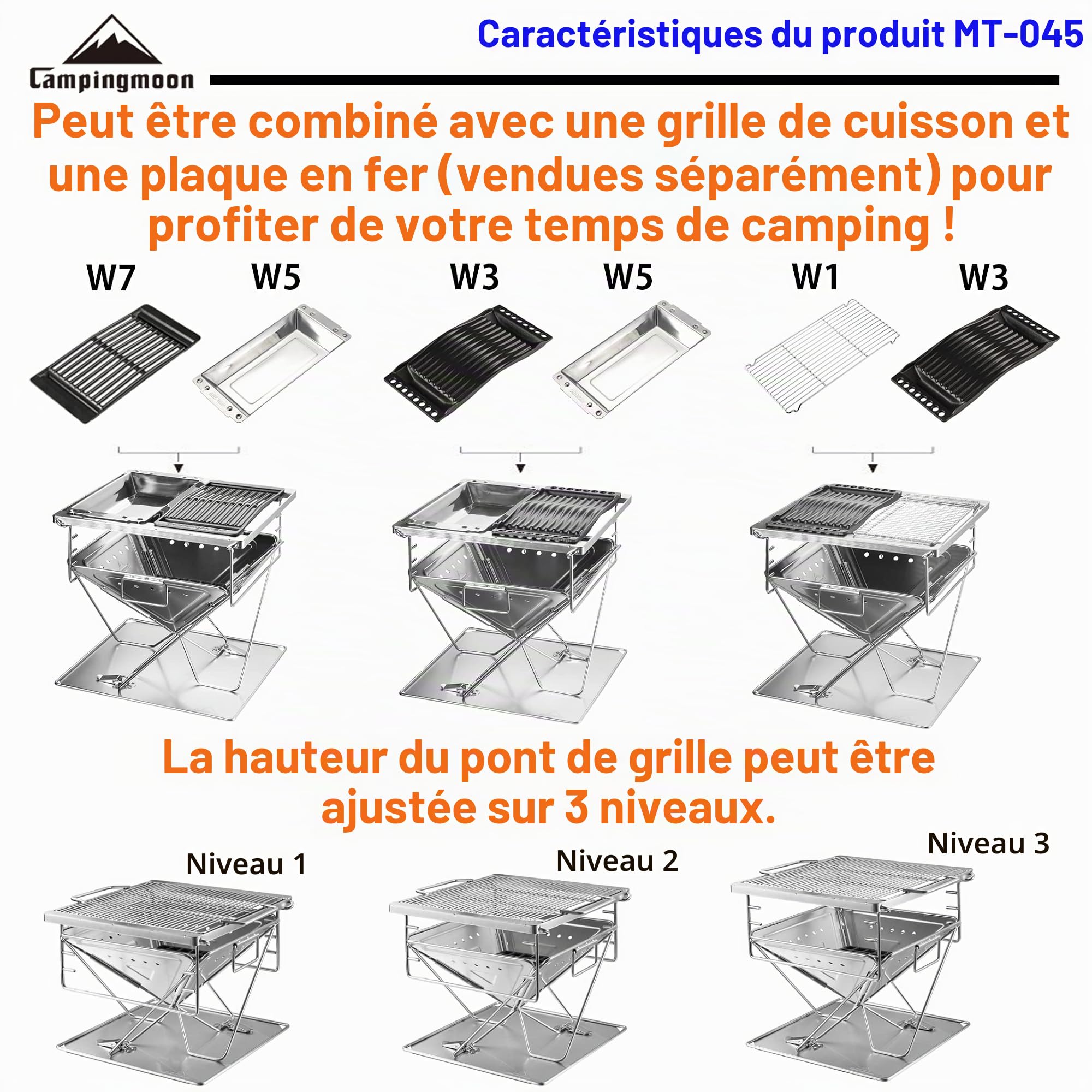 Campingmoon Barbecue Grill Brasero Pliable en Acier Inoxydable Grand MT-045