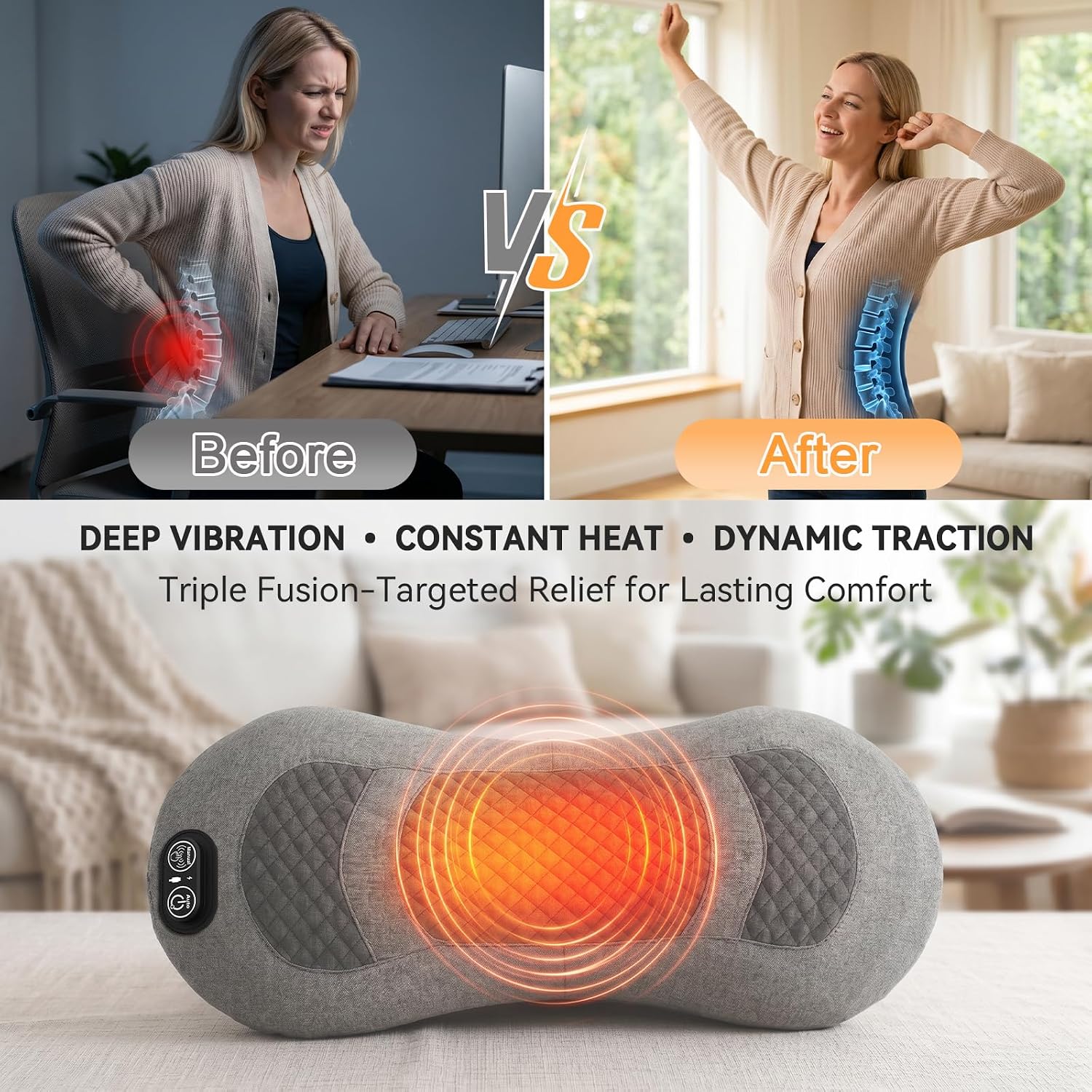 Triple Fusion Back Massager for Sciatica & Lower Back Pain Relief | Sciatica Pain Relief Device with Heat, Vibration & Traction, Lumbar Support Pillow for Back Restore & Spinal Decompression
