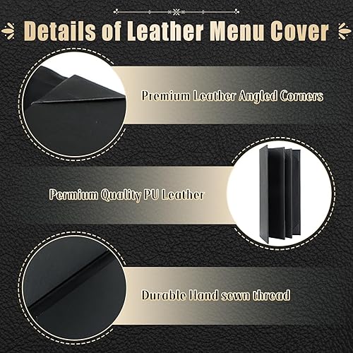 Miniatura 9 de Fundas para menú de restaurante de 4.25 x 11 pulgadas, paquete de 5 paneles de cuero sintético con triple pliegue, 4 esquinas anguladas, color negro