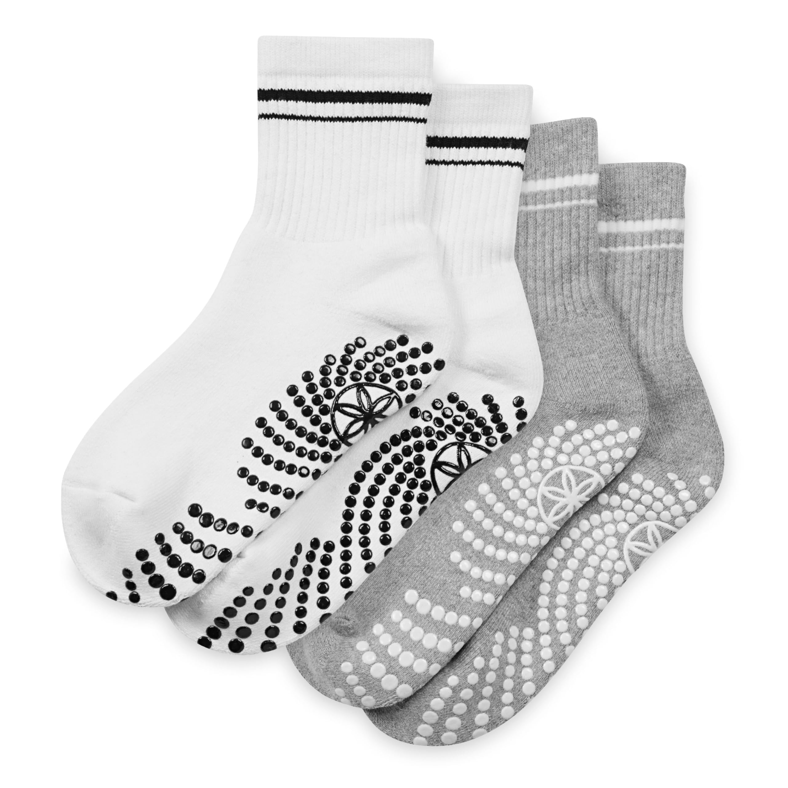 Gaiam Grippy Crew Socks (2-Pack, Grey/White), Non-Slip, Full-Toe Comfort Grippers for Yoga, Pilates, Dance, and Home Workouts, Universal Fit Grip Socks for Indoor and Outdoor Activities