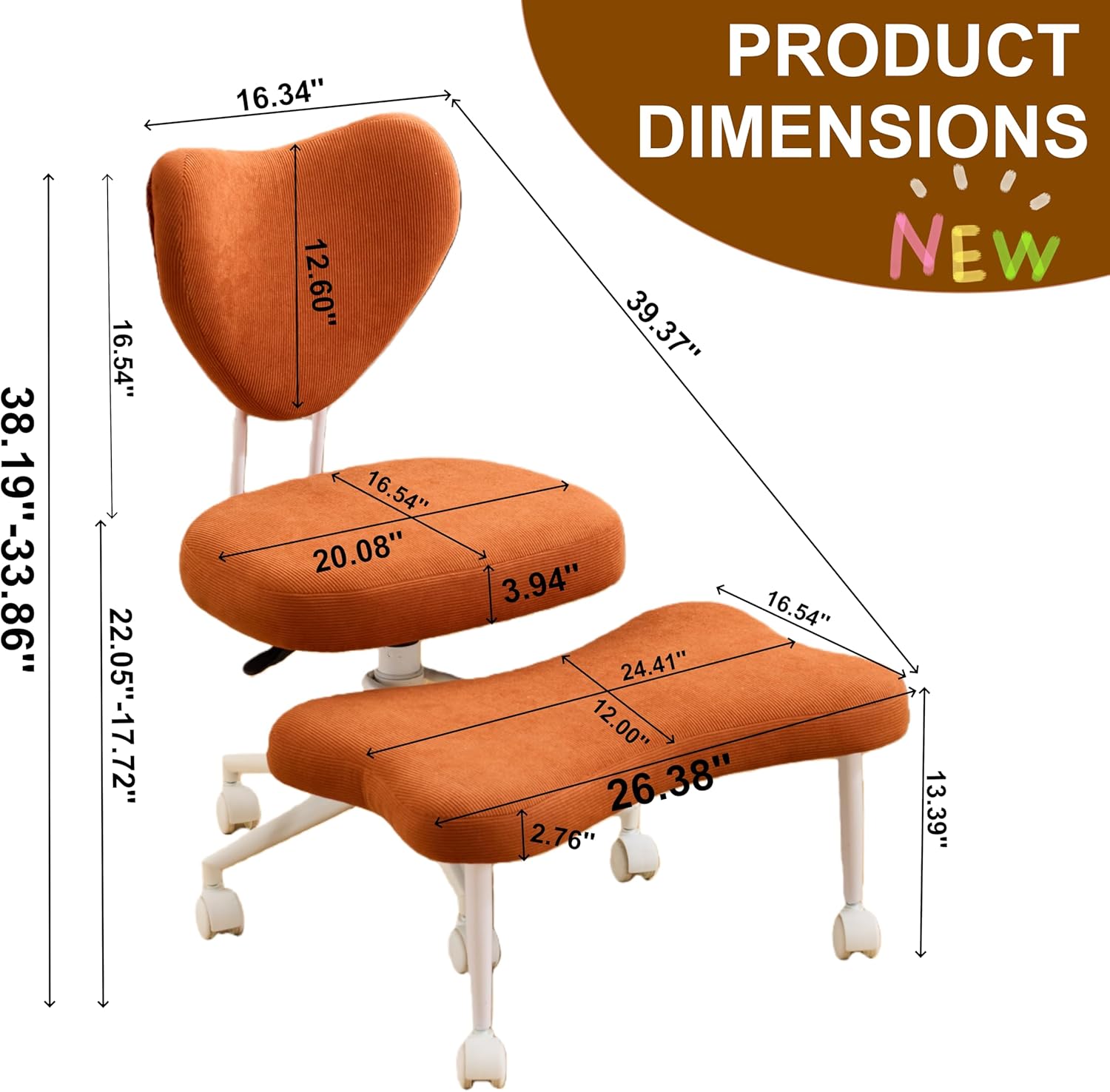 Swivel Cross Legged Desk Chair, 360° Swivel Meditation Chair with Lumbar Support and a Height Adjustable Seat Cushion, Flexible Design for ADHD, Yoga, Meditation, Home Office (corduroy, orange)