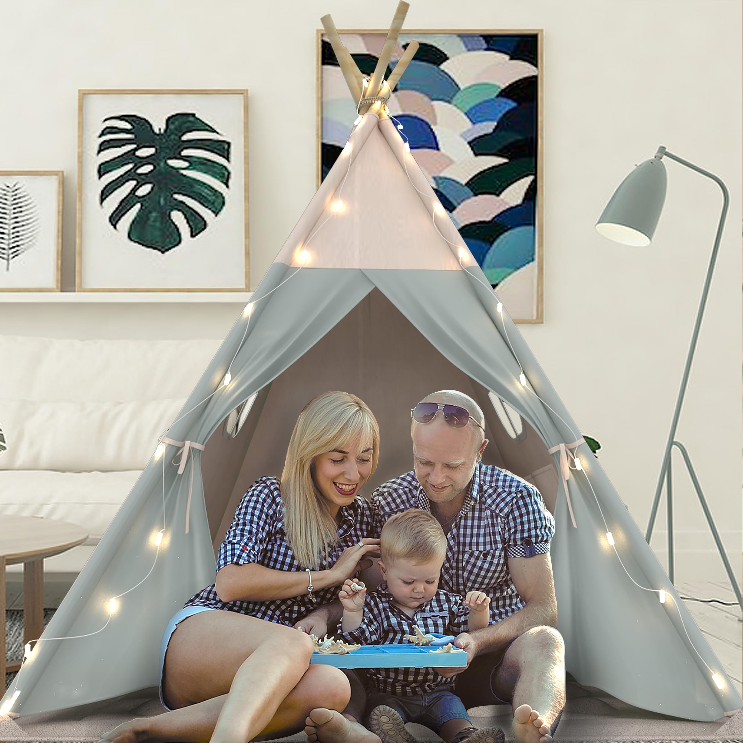 Tipi Zelt für Kinder, Waschbar Kinderzelt mit Gepolsterter Decke, Lichterkette, Tragetasche, Segeltuch Spielzelt für Mädchen & Jungen