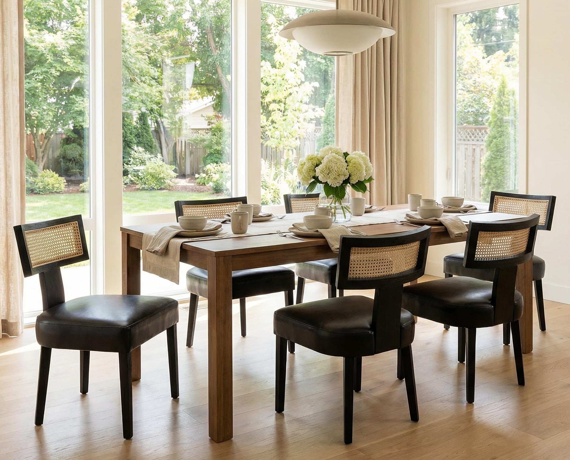 RIVOVA Rattan Dining Chairs Set of 6, Mid-Century Modern Dining Chairs, Kitchen Dining Room Chairs, Curved Cane Back Upholstered PU Leather Dining Chair with Black Wood Frame, Black