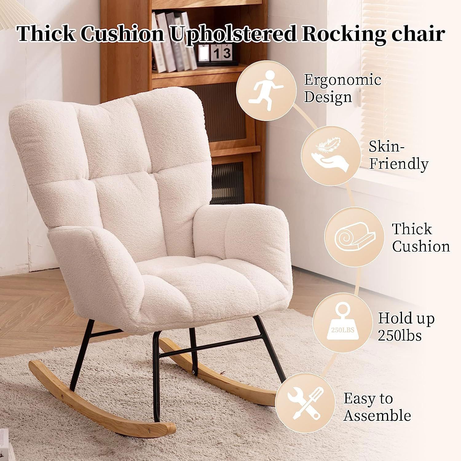 Poltrona a Dondolo Rocking Chair Sedia a Dondolo in Velluto Teddy con Gambe in Legno massello Sedia Papasan Sedia da Allattamento per Soggiorno Camera da Letto Balcone (Beige)