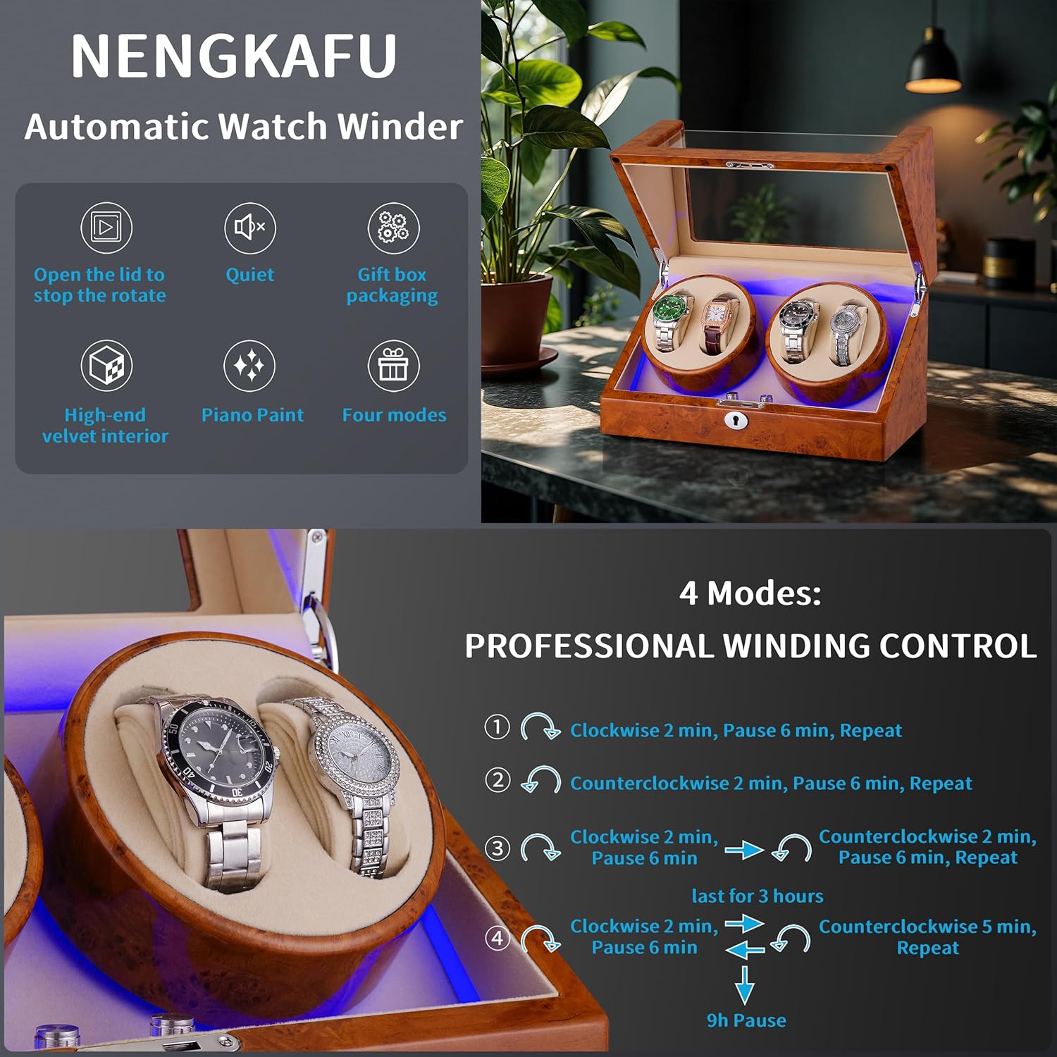 Watch Winders For Automatic Watches ，4 Watch Winder with Quiet Motor, Automatic Watch Winder With Led Light, Watch Winde for rolex,With Four Rotation Modes,Soft quality watch pillow，Best Gift (8.1)