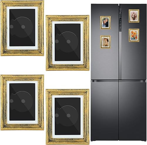 Marcos de fotos magnéticos para refrigerador, 4 unidades, marco de fotos vintage mini imanes de nevera, 3.54 x 2.75 pulgadas (dorado)