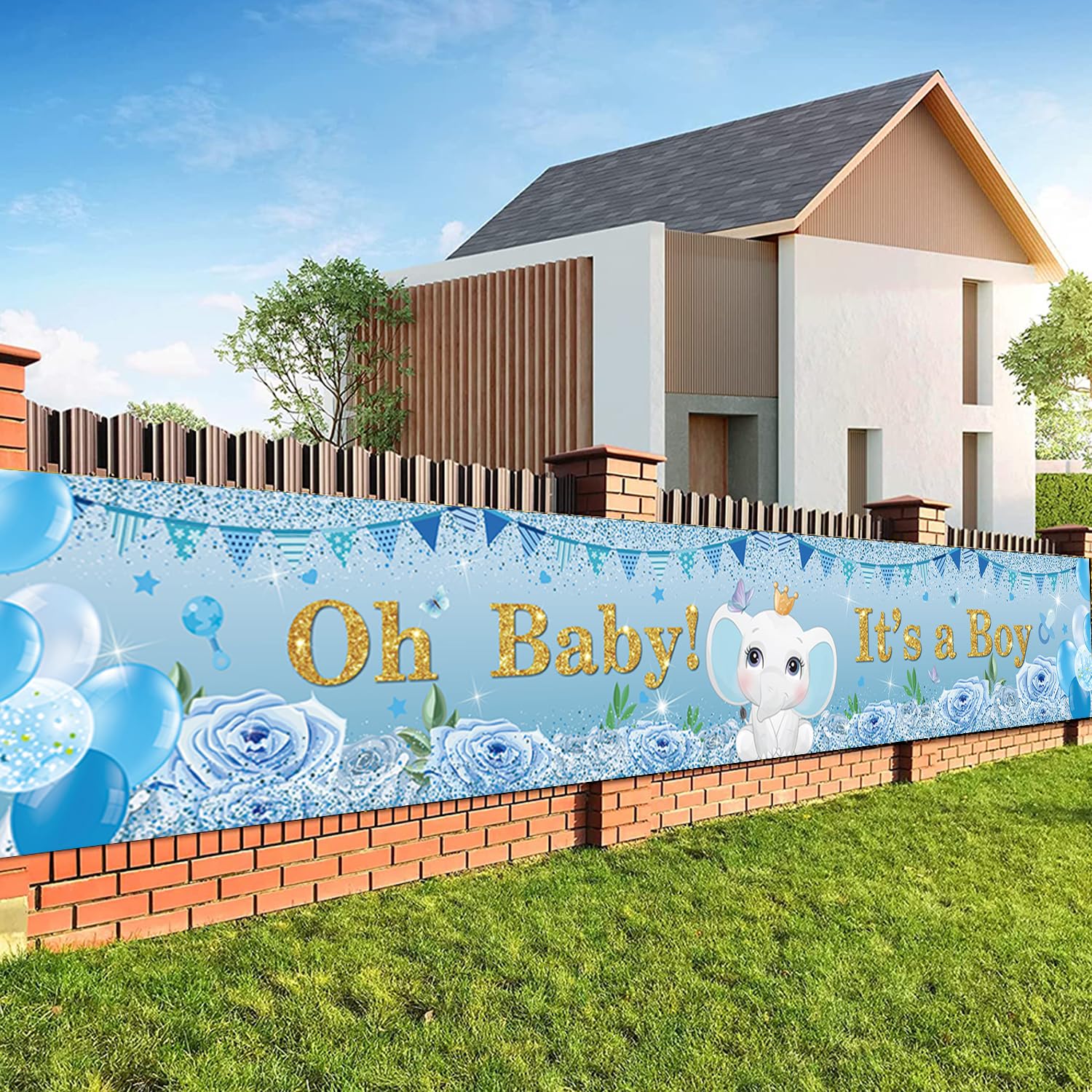 LOONELO Baby Shower Backdrop with 118"X19.6", Oh Baby It's a Boy Porch Banner Sign, Long Size Welcome Door Hanging Banner for Baby Shower Party
