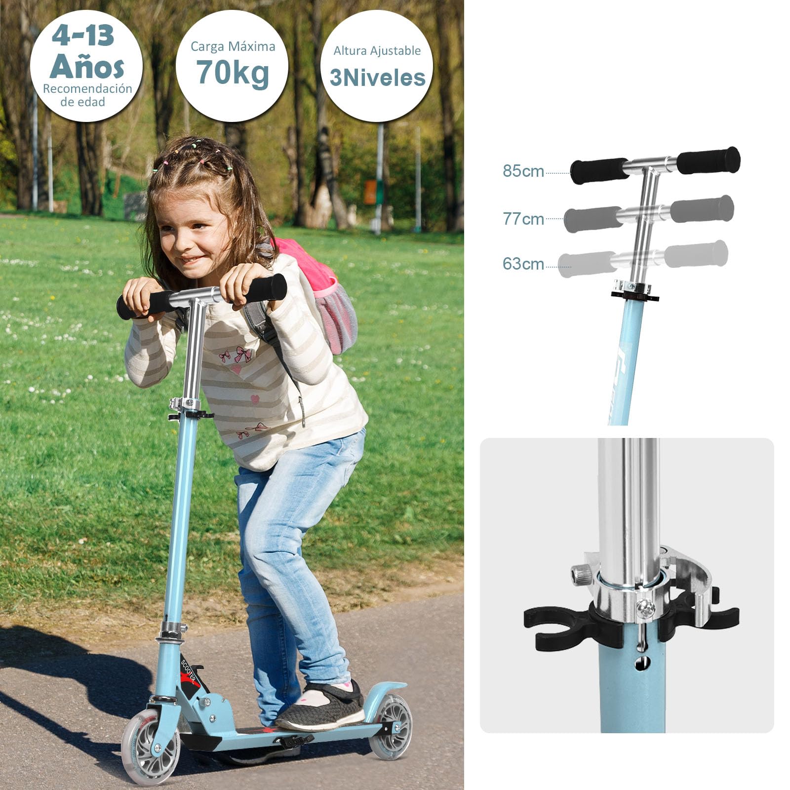 IMMEK Patinete De 3 Ruedas Para Niños De 3 A 8 Años | Altura Ajustable, Ruedas LED Que Brillan Sin Batería, Carga Máxima 50 Kg, Regalo Para Niños Y Niñas