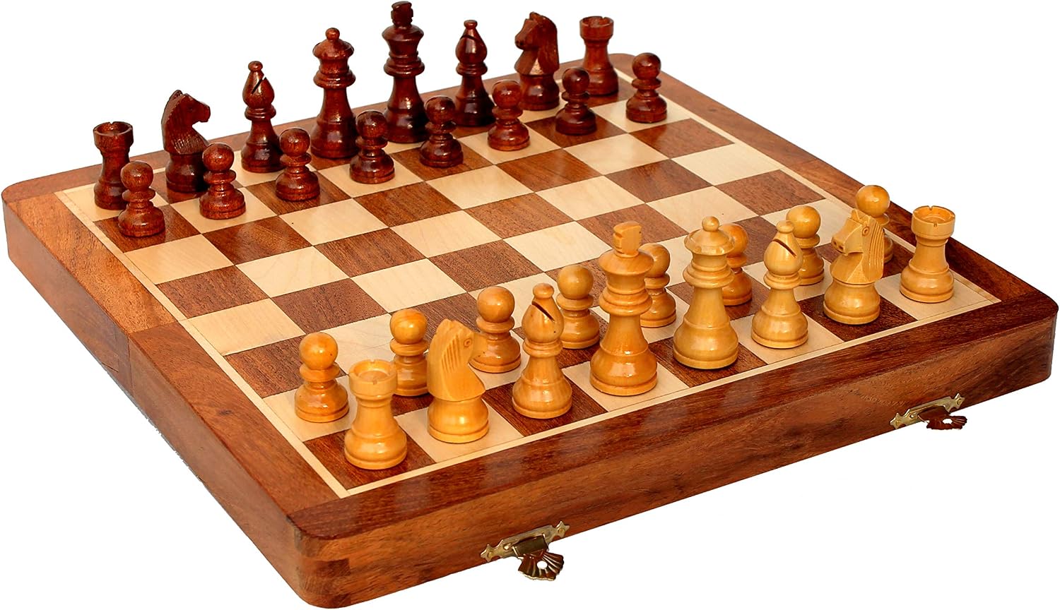 StonKraft Wooden Foldable Travel Chess Game Board with Storage Slots, 14 Inch