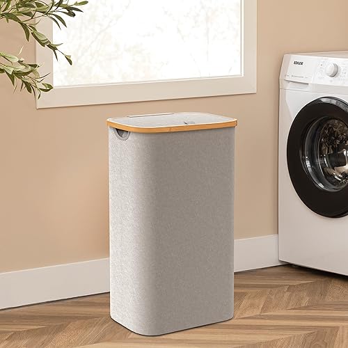 Miniatura 6 de Famyards Cesta de lavandería con tapa, cesta grande de lavandería de 100 litros con asas de bambú y bolsa interior extraíble, cesta plegable para