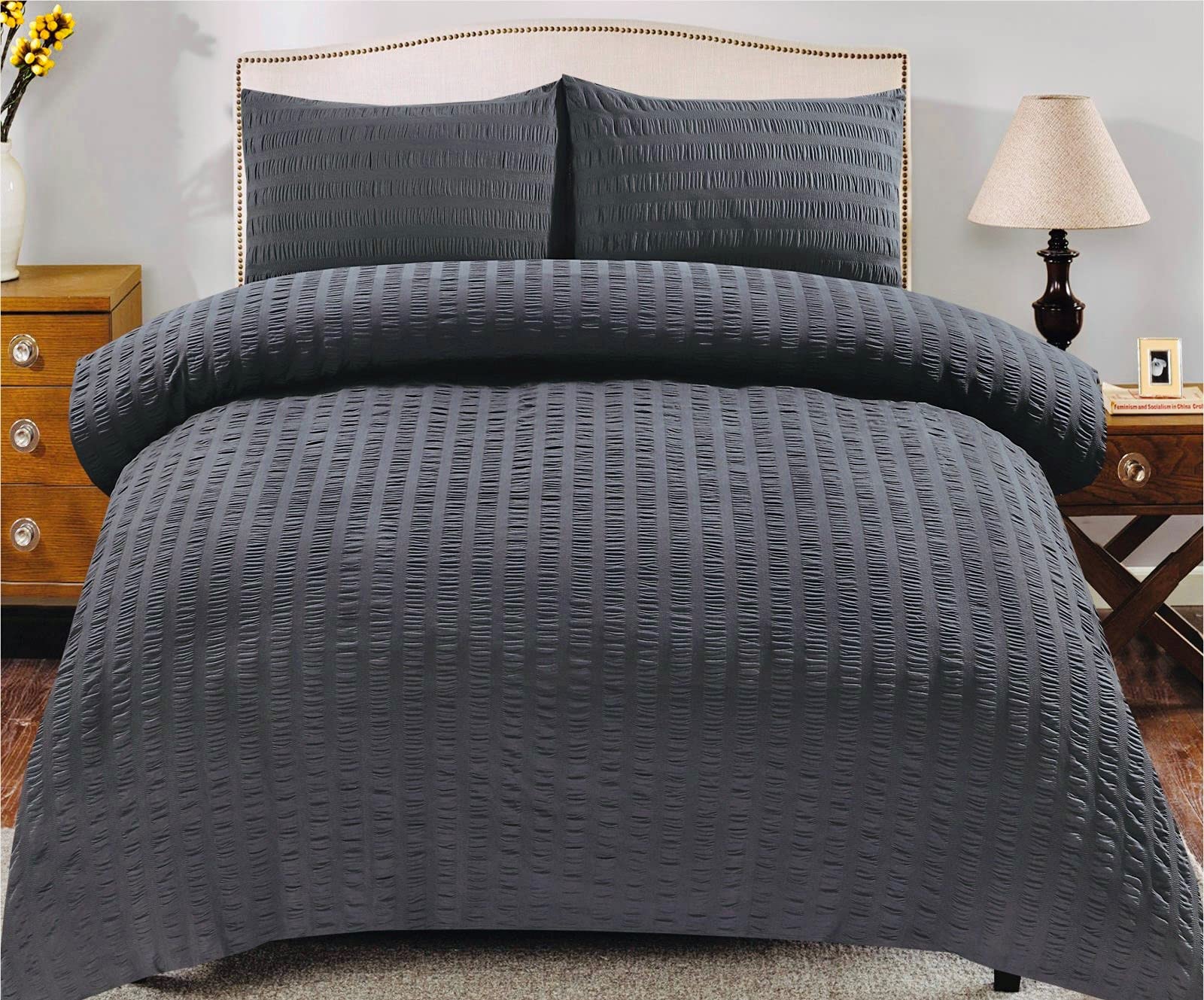 Kd Home Everything You Need Charcoal Seersucker Duvet Quilt Cover Set With Matching Pillowcases, Ultra Soft Cosy Polycotton Stripe Design, Easy Care & Machine Washable (, Double)