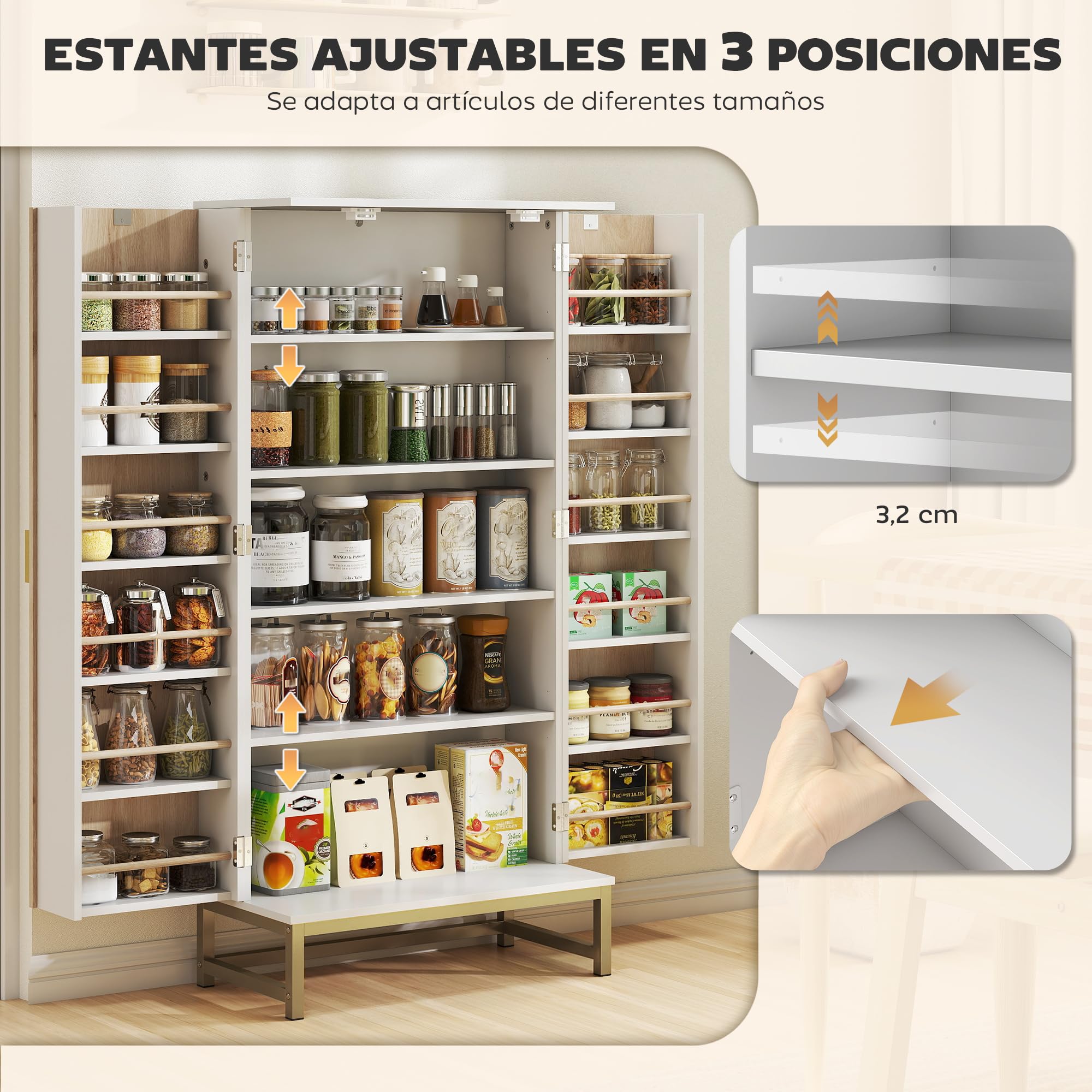 HOMCOM Armario de Cocina, Armario Despensa Cocina, con 2 Puertas con 12 Estantes, Alacena Moderna, con 5 Estantes Ajustables, Base de Acero, para Comedor, Salón, 58x29x119,5 cm, Blanco