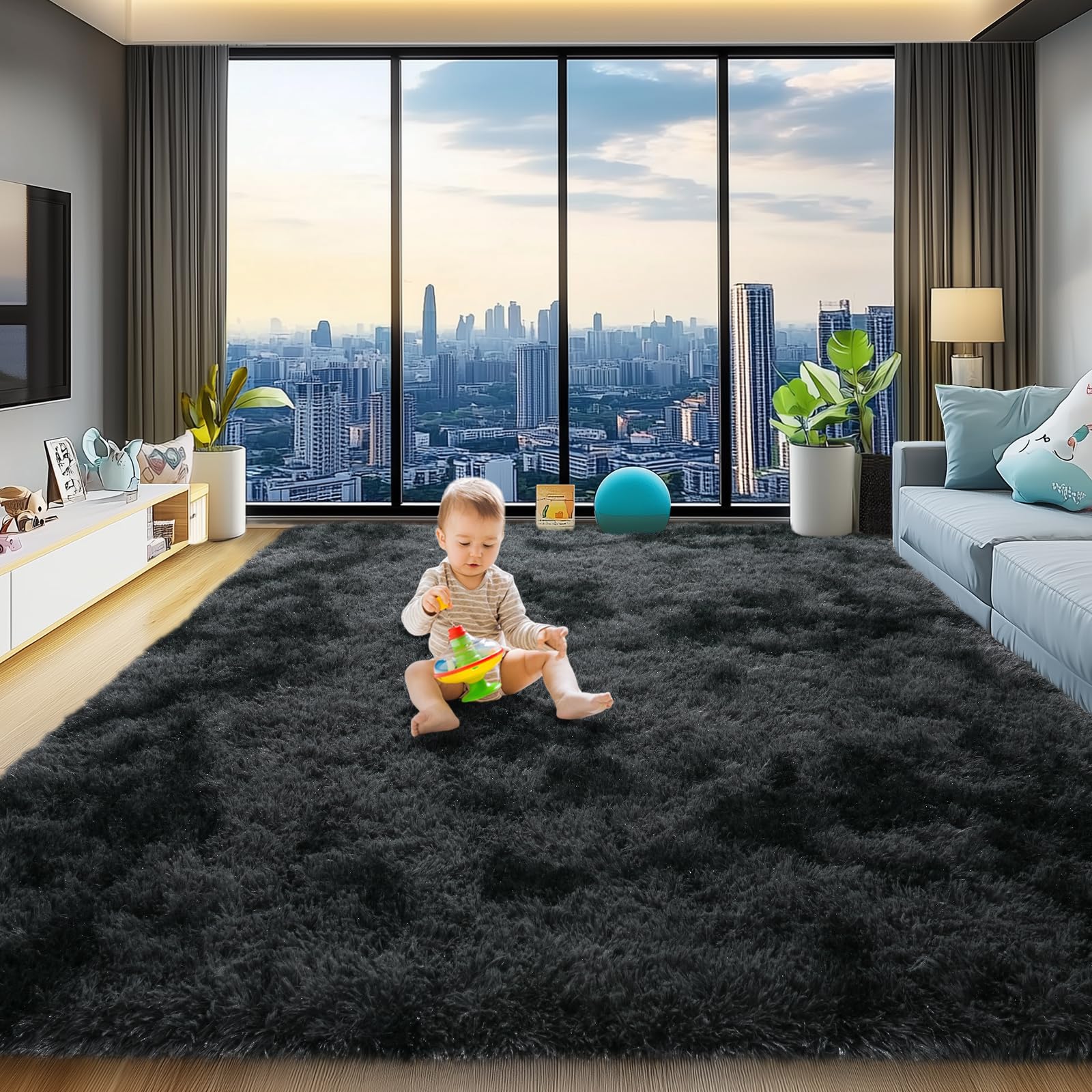 qulint 8x10 Area Rug for Living Room, Black Grey Large Fluffy Rug for Bedroom Soft Shag Shaggy Carpet for Nursery, Plush Fuzzy Carpet for Dorm Kid