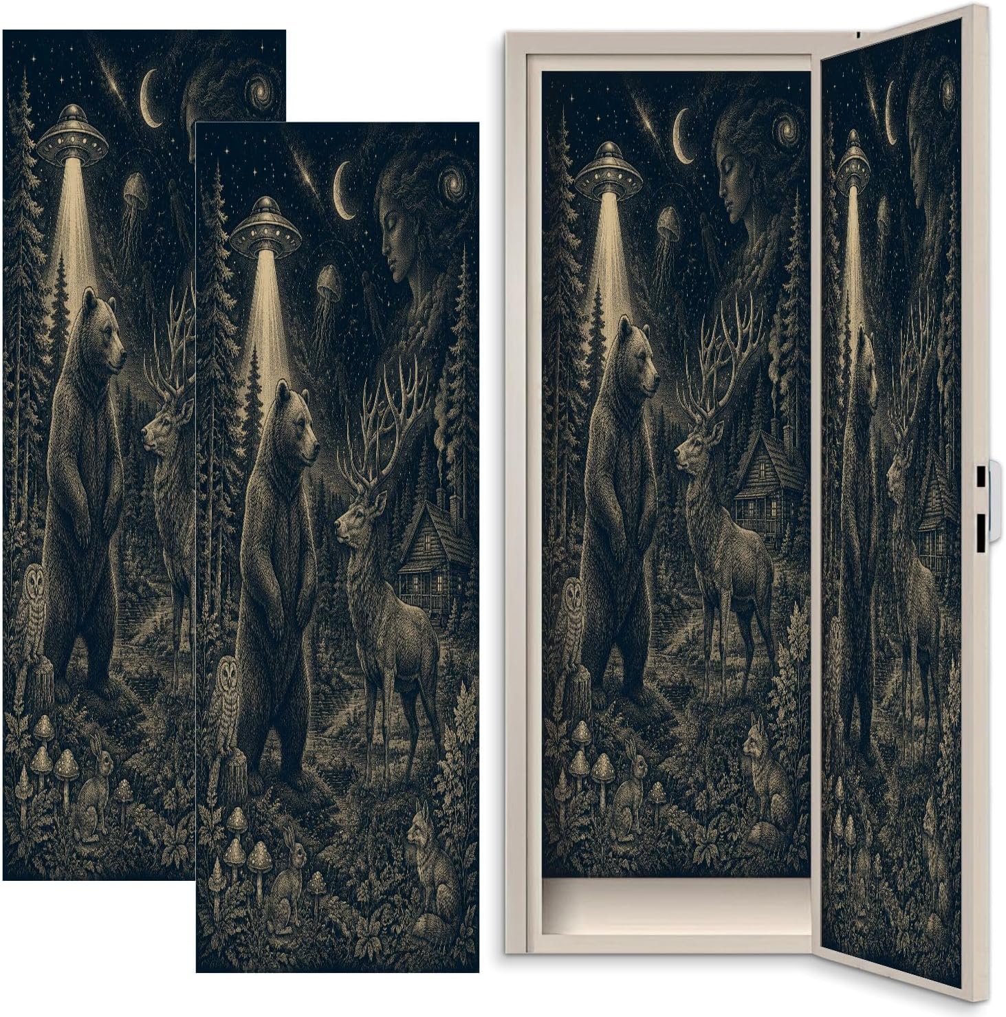 2 Pcs Locker Magnetic Wallpaper Bear Stag Mystical Forest Night Beam Celestial Female Face Woodland 12" x 36" Removable Magnetic Sticker Decorative Locker Accessories for School Office University