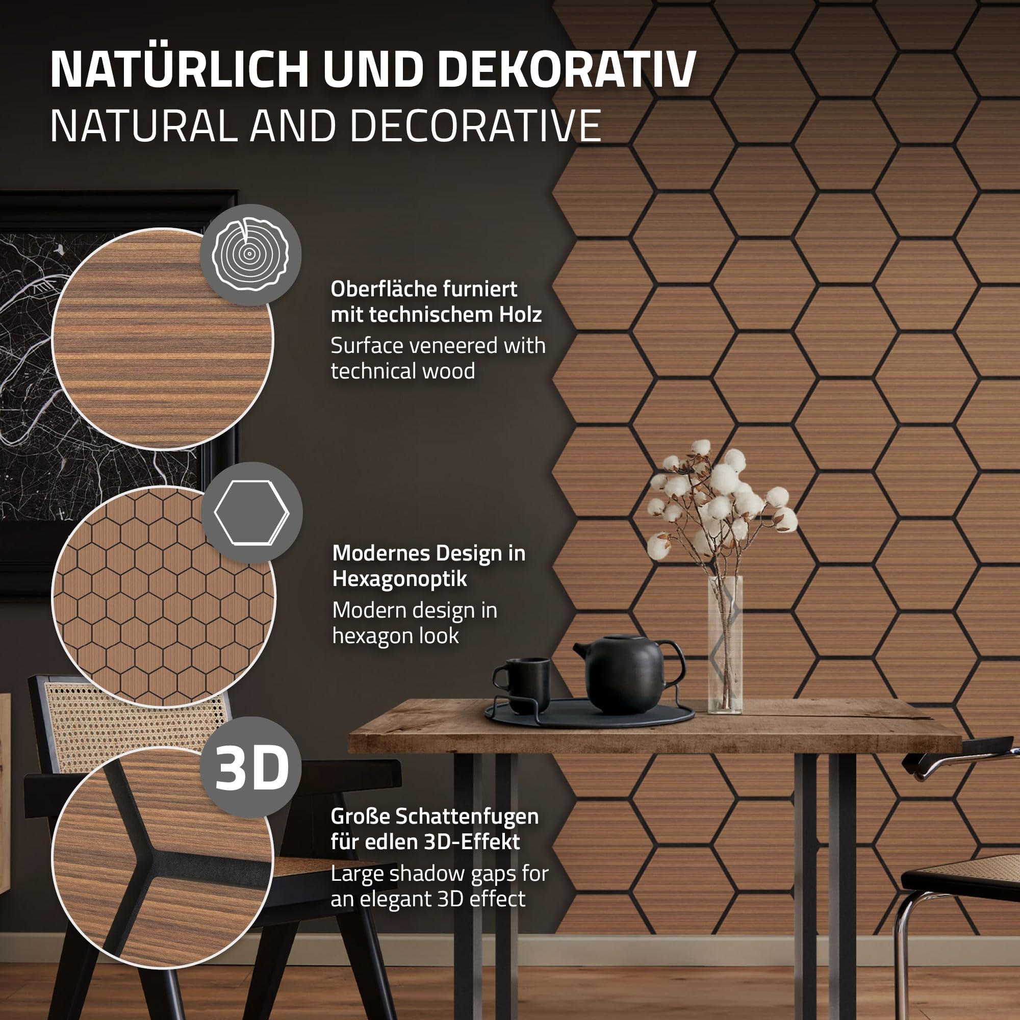 ML-Design Set di 2 Pannelli Acustici 66x81x2 cm per 1 m² Teak Pannelli Murali Fonoassorbenti in MDF con Effetto Legno Esagonale Rivestimento da Parete per Isolamento Acustico per Ufficio e Studio