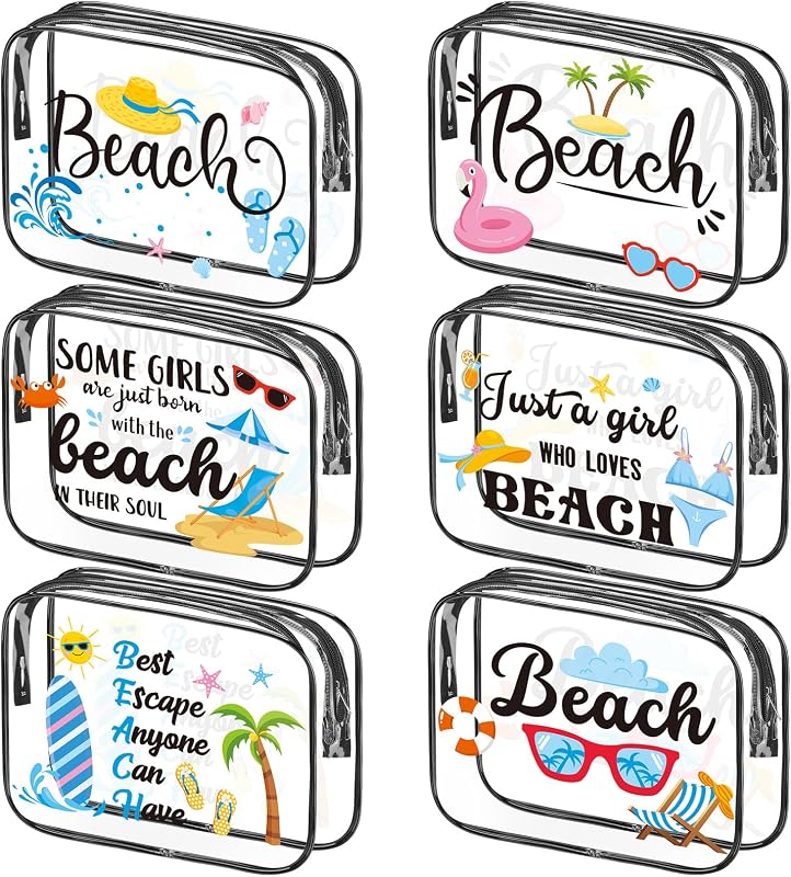 Necessaires transparentes Cunno com estampa de letras, PVC, zíper, estilo praia, pacote com 6