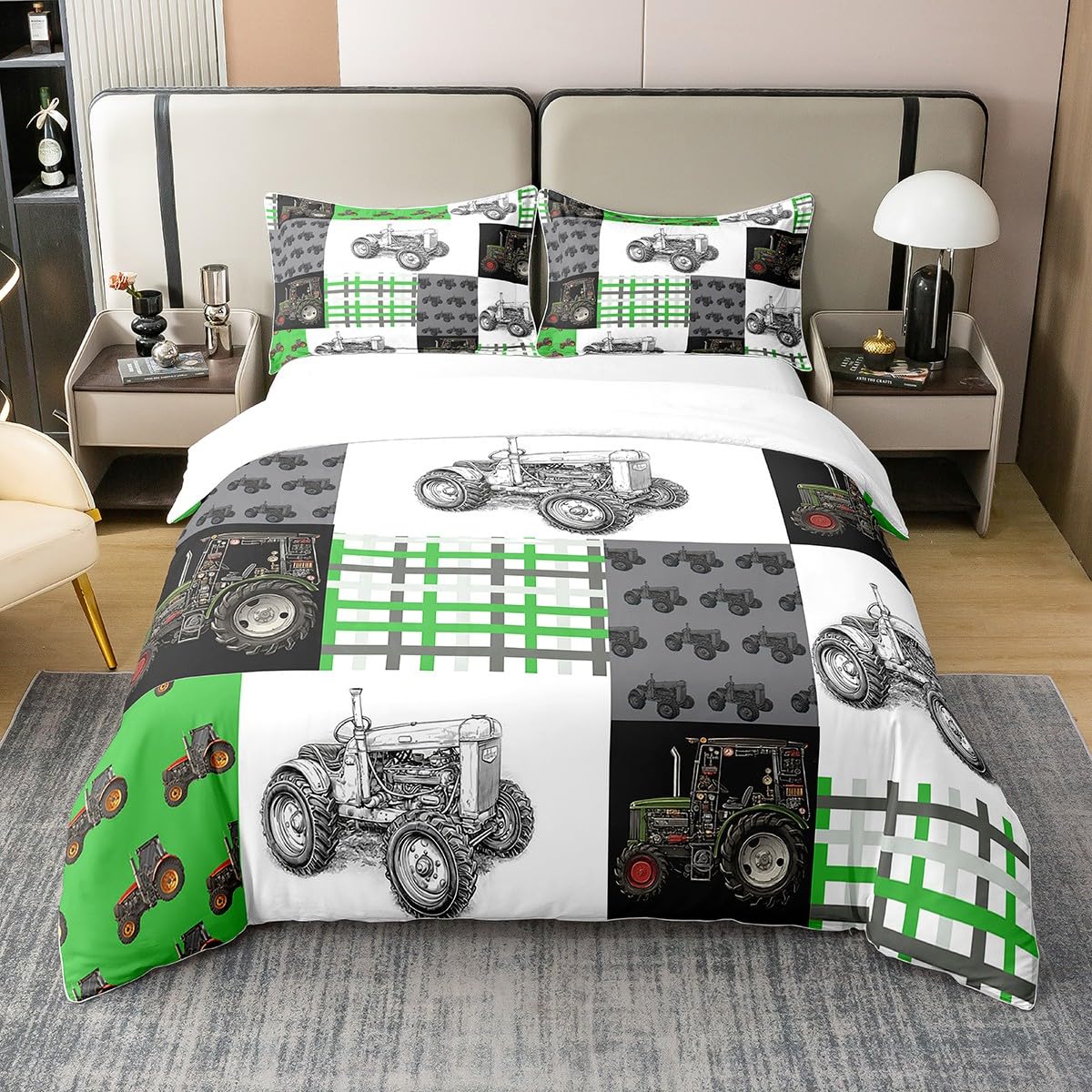 100% Baumwoll Traktor Bettbezug 135x200,Ausrüstung LKW Autos Weiche Tröster Abdeckung,LKW Im Freien Fahrzeug Gedruckt Bettwäsche Set für Bett,Graugrüner Gitter Gürtel Quilt Bezug