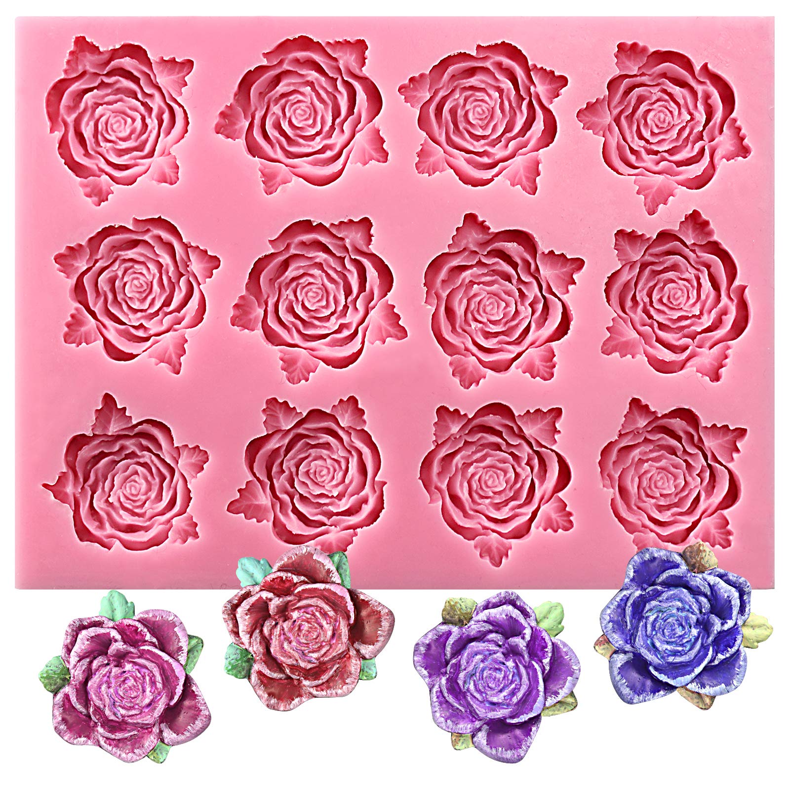 FUNSHOWCASE Bold Blossom Roses with Leaves Sugarcraft Silicone Mold Sugar Paste, Chocolate, Fondant, Butter, Resin, Cabochon, Polymer Clay, Gum Paste, Wax, Candle, Soap Making 17.4x14x1.7cm