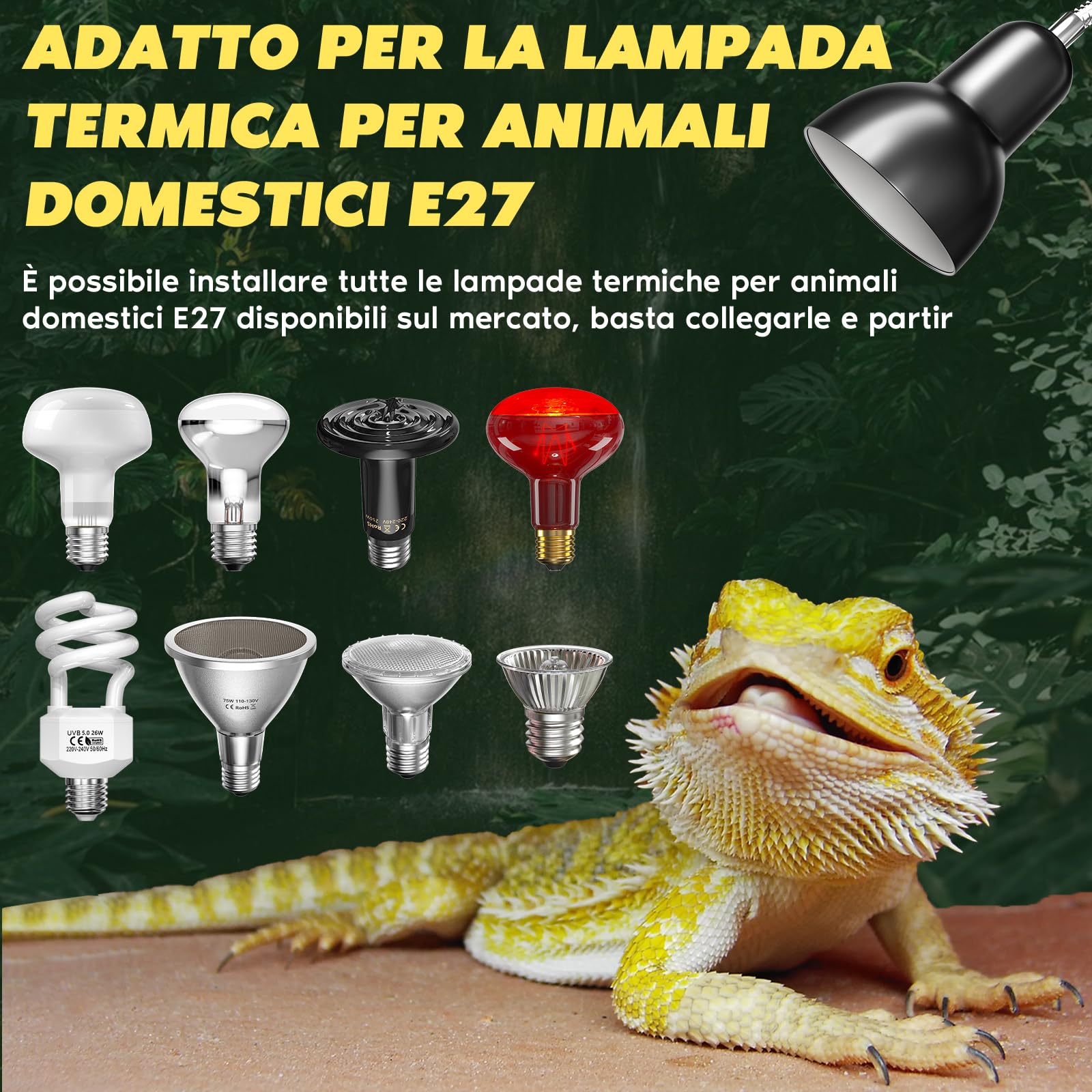Lampada Riscaldante, Lampada Riscaldante per Terrario E27 con Funzione Timer e Controllo della Temperatura, Include Due Lampadine Riscaldanti E27 UVA UVB da 100W con Clip per Tartarughe