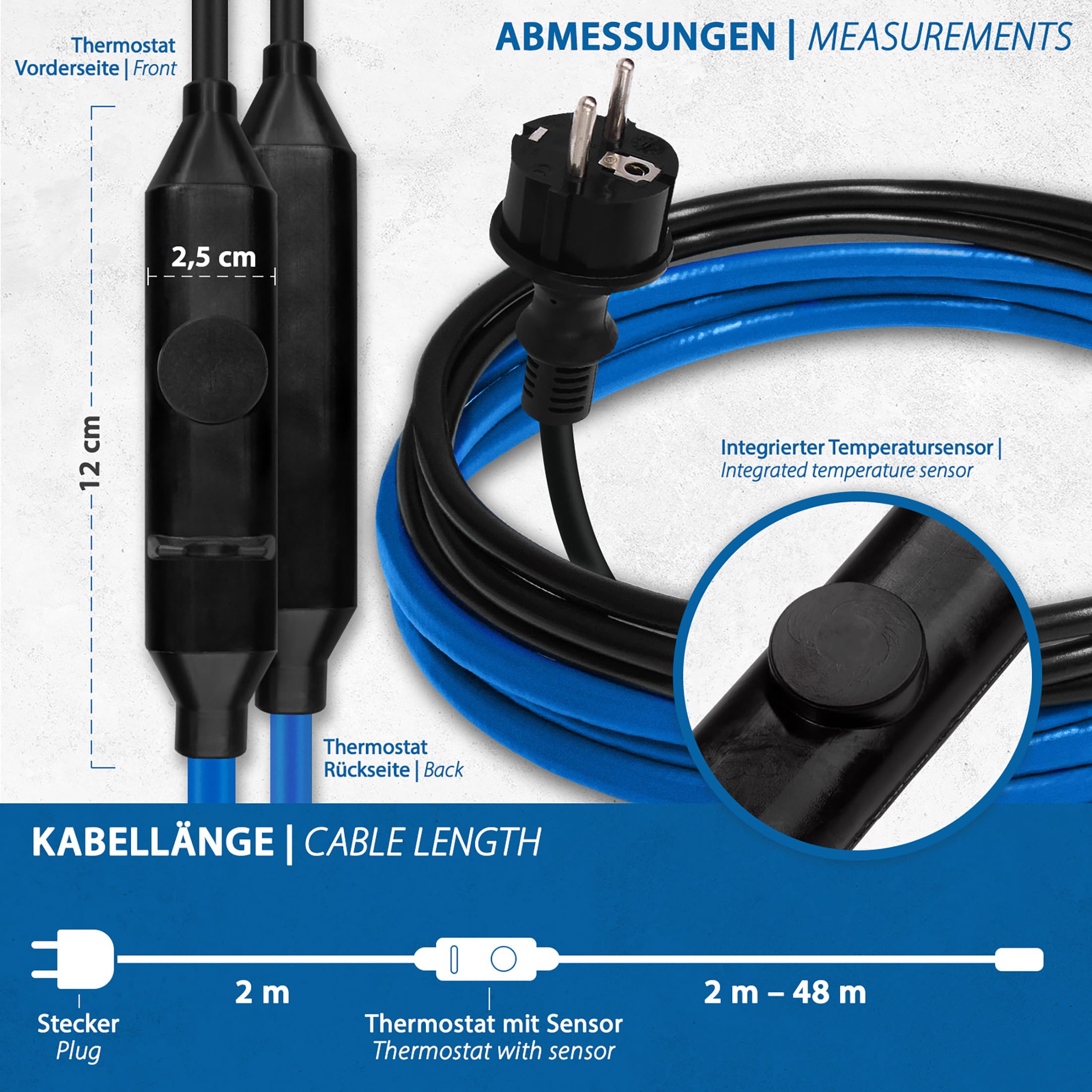 15W/m elektrisches Frostschutzkabel für Rohre Leitungen Behälter - Begleitheizung Abtauheizung Heizkabel - 12m lang mit eingebautem Thermostat +3°C ein / +12°C aus