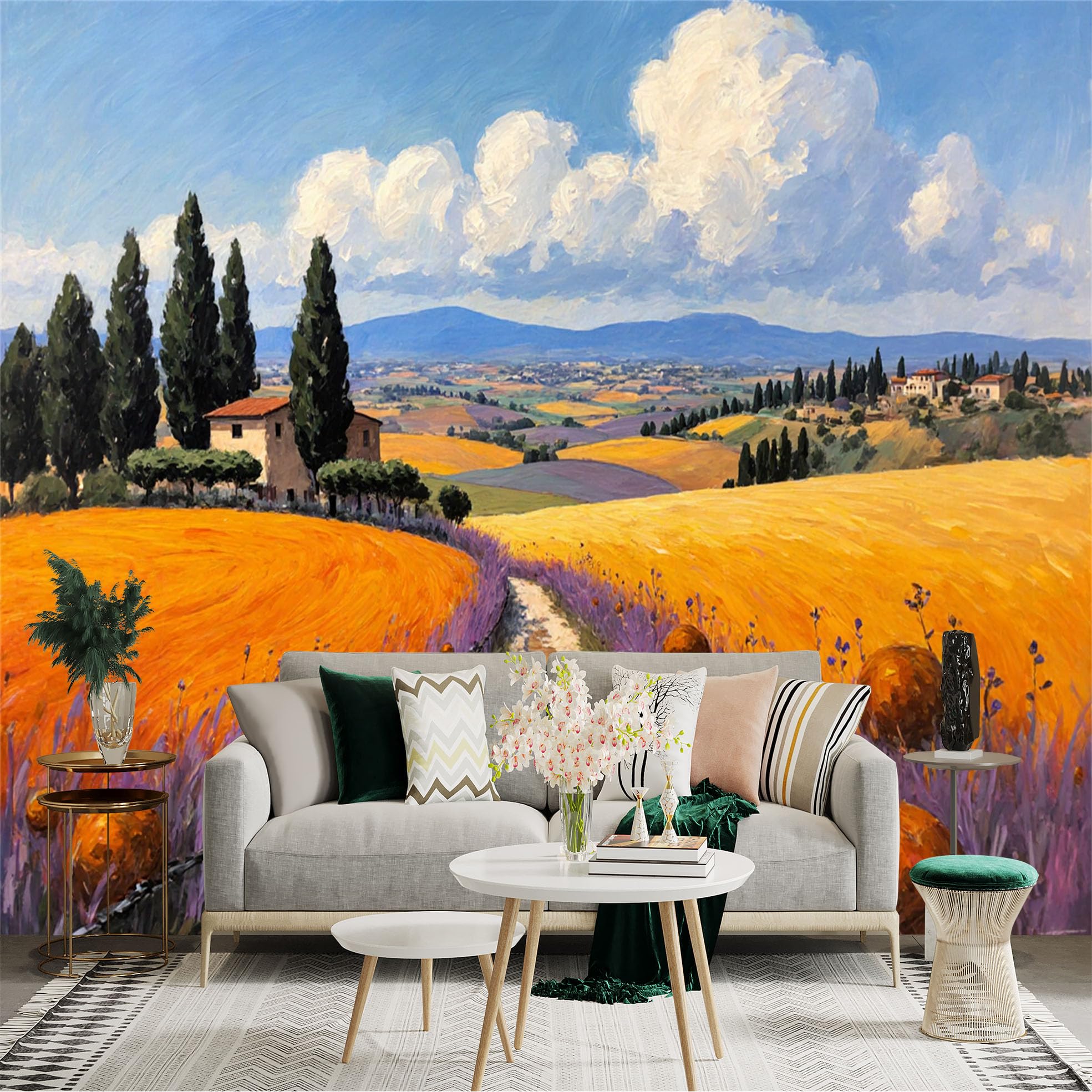 Lnzczhyre Xc260505029 Custom Size Wall Sticker Mural， Rural Countryside Path， Vibrant Golden Fields And Purple Flowers， Peaceful Farmhouse Landscape， For Wall Decoration， Peelandstick Wall Decals.