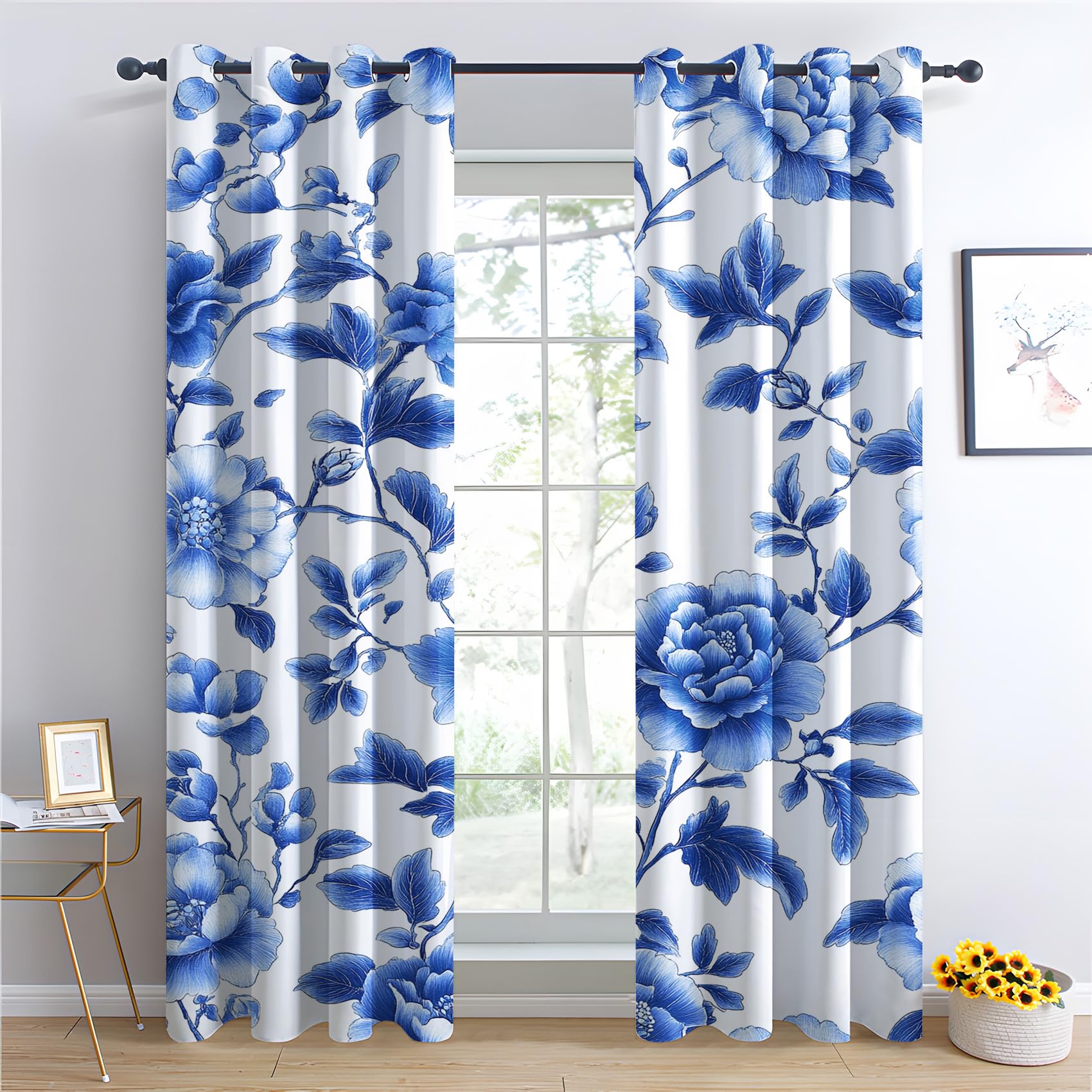 Venivici Blue and White Floral Blackout Curtains for Bedroom Living Room - 90 Inch Drop Curtains Eyelet, Chinoiserie Blue Flower Patterned Window Treatments, Thermal Insulated Drapes 46x90 2 Panels