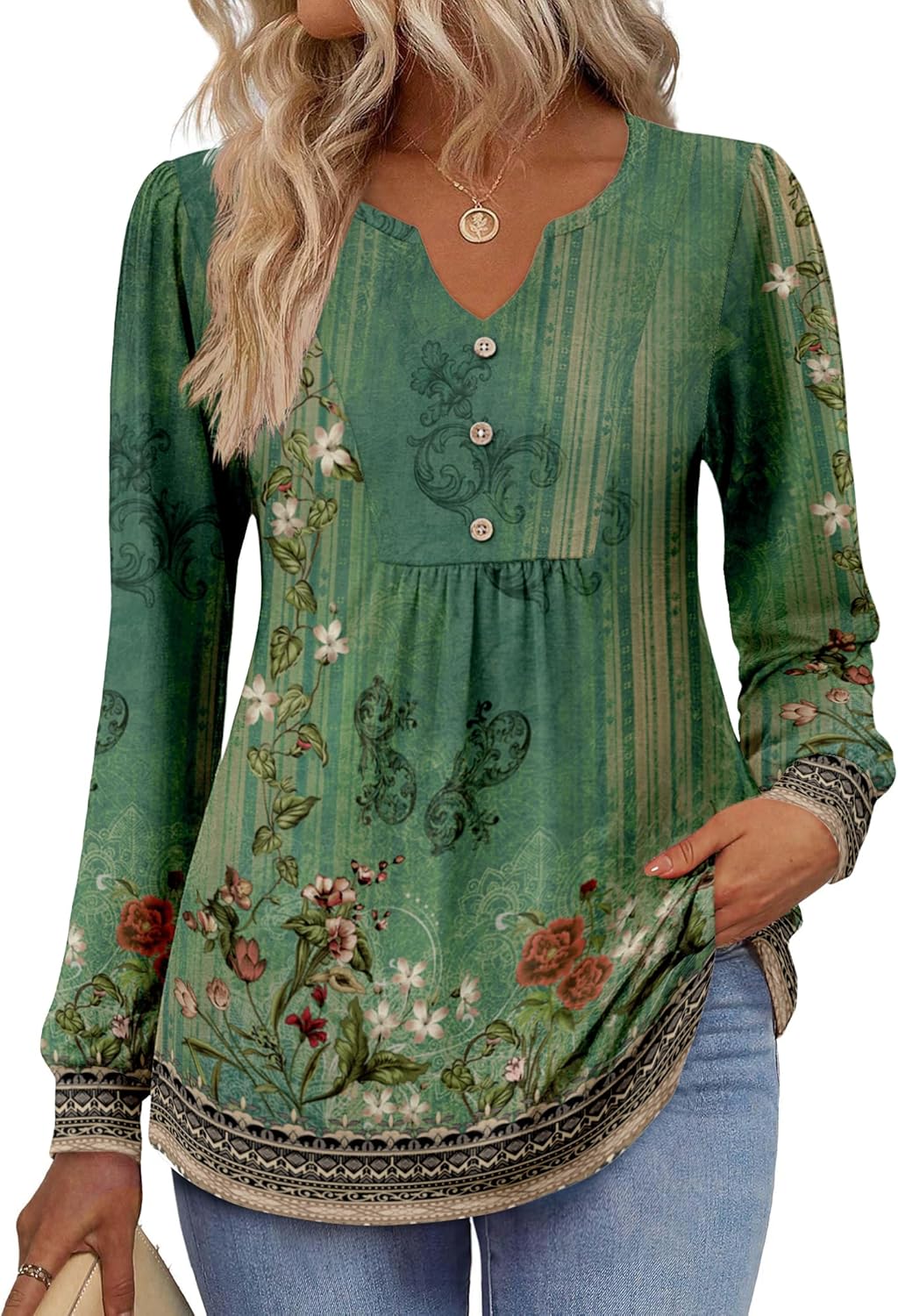 Zeagoo Long Sleeve Shirts for Women 2025 Casual Pleated V Neck Fall Tunic Tops Button Down Blouse Dressy Loose T-Shirts