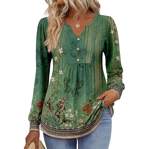 Zeagoo Long Sleeve Shirts for Women 2025 Casual Pleated V Neck Fall Tunic Tops Button Down Blouse Dressy Loose T-Shirts