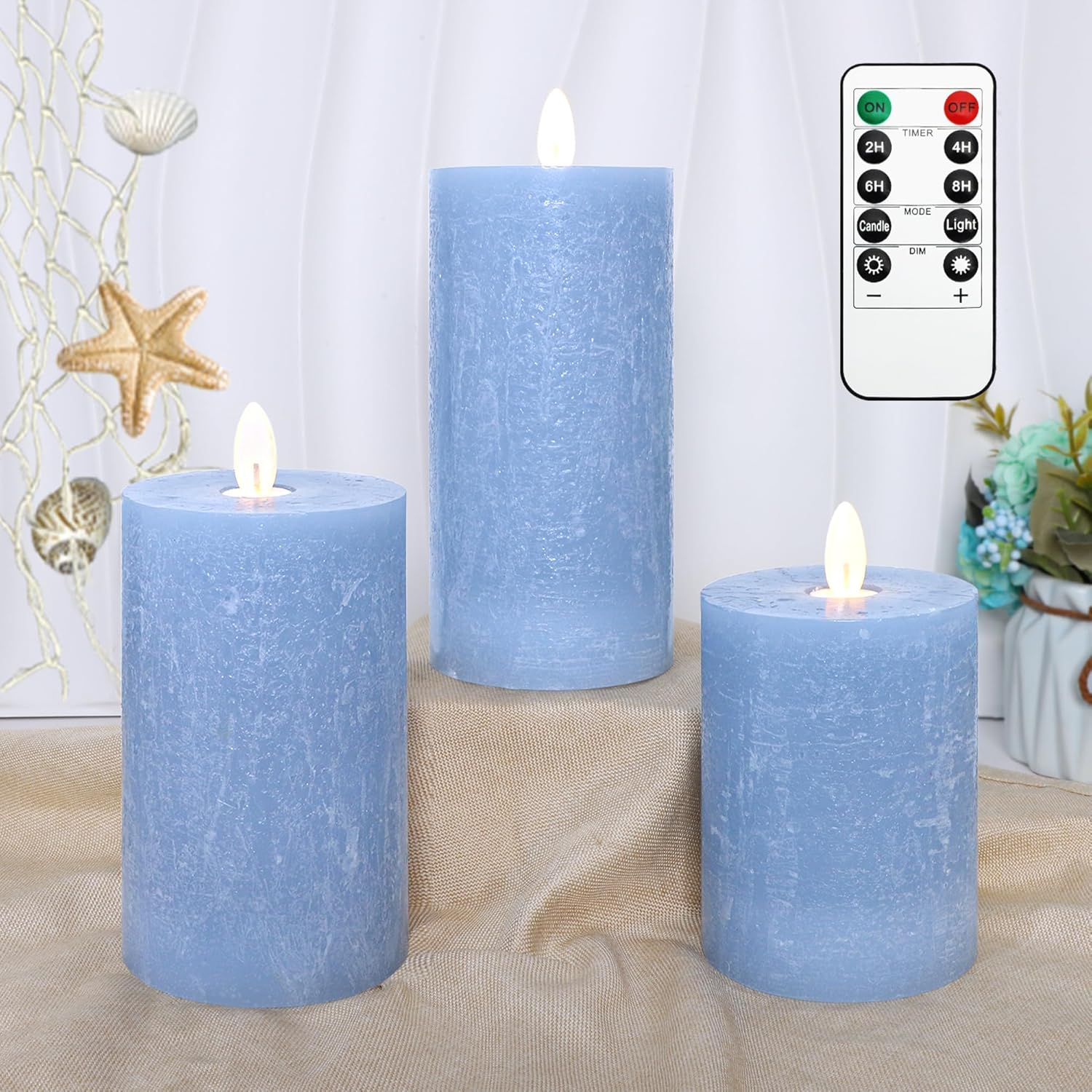 Seaglass Battery Flameless LED Candle, Silver Blue Flickering Pillar Timer, Remote Control, Unscented Real Wax