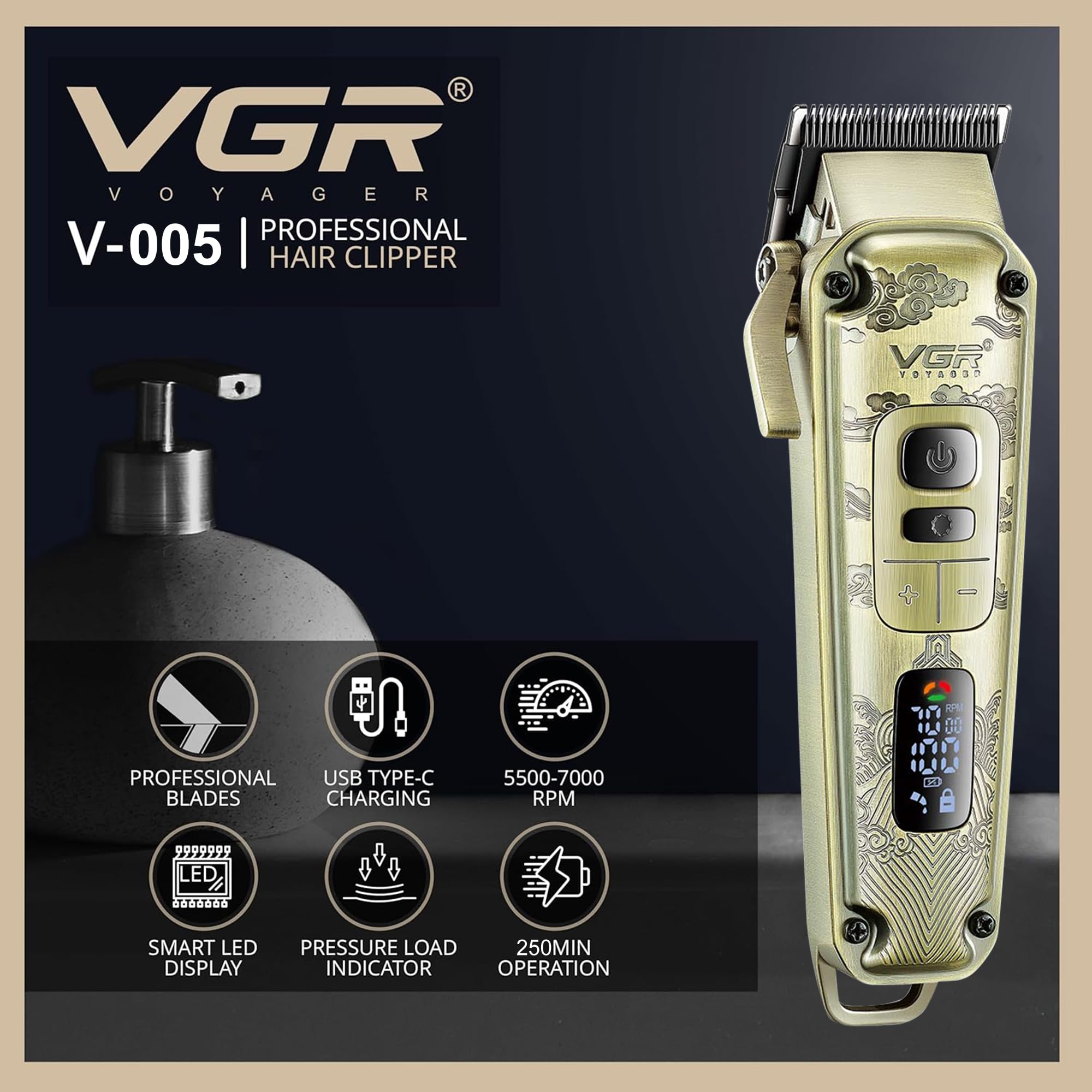 VGR Cortapelos para hombre inalámbrico con palanca cónica, kit de corte de pelo profesional eléctrico para corte de pelo de cabeza con cuchillas de cerámica, 7000 rpm, recargable a través de batería