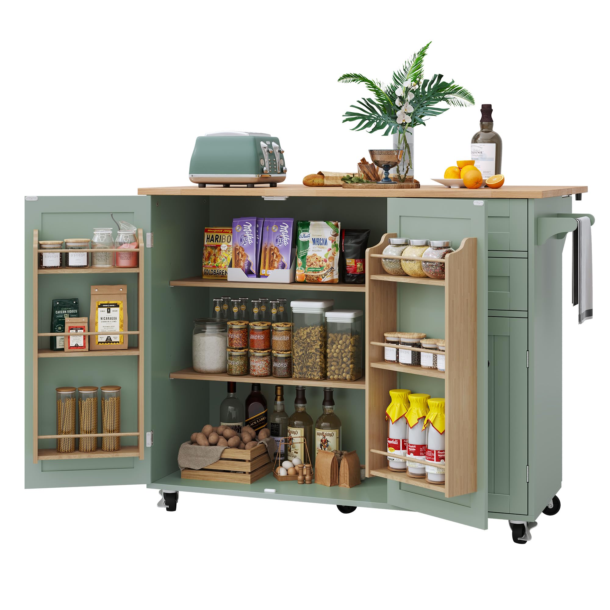 HLR Kitchen Island with Storage, Sage Green Rolling Kitchen Cart on Wheels with Drop-Leaf Bar Countertop, Islands Prep Table with Side Open Spice Rack and Tower Rack, Extra Storage for Kitchen