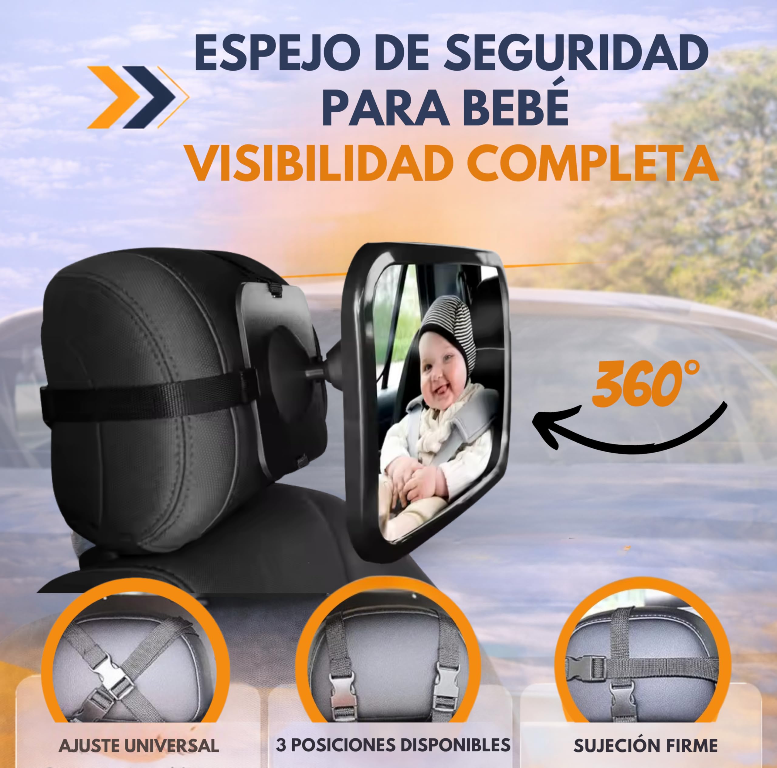 | BEBIKIS® SUPER PACK De Espejo Coche Para Bebe 100% IRROMPIBLE Para Asiento Trasero Con ROTACIÓN 360º + 2 Parasoles + Placa Baby On Board | Espejo Para Ver Al Bebé a Contramarcha En El Coche