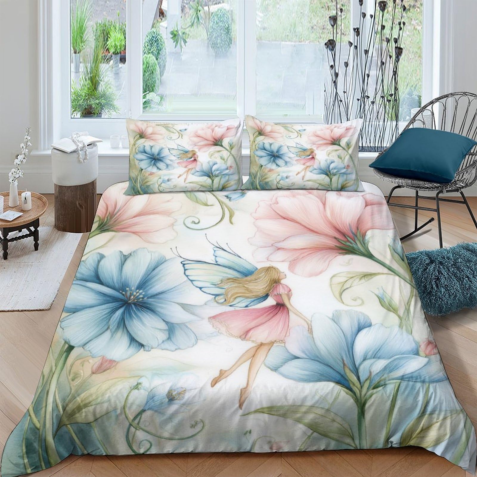 P5V6M1Q9 3D Printed Fairy Flower Duvet Cover Microfiber Soft Pastel Floral Bedding Set with 2 Pillowcases for Bedroom Decor Single（135x200cm）