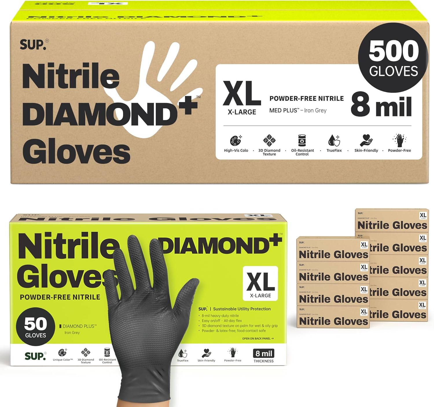 SUPER+ Disposable Nitrile Gloves, 8 Mil Diamond Powder-Free Latex-Free Food Safe Chemical Resistant Heavy Duty, Black 500 Ct