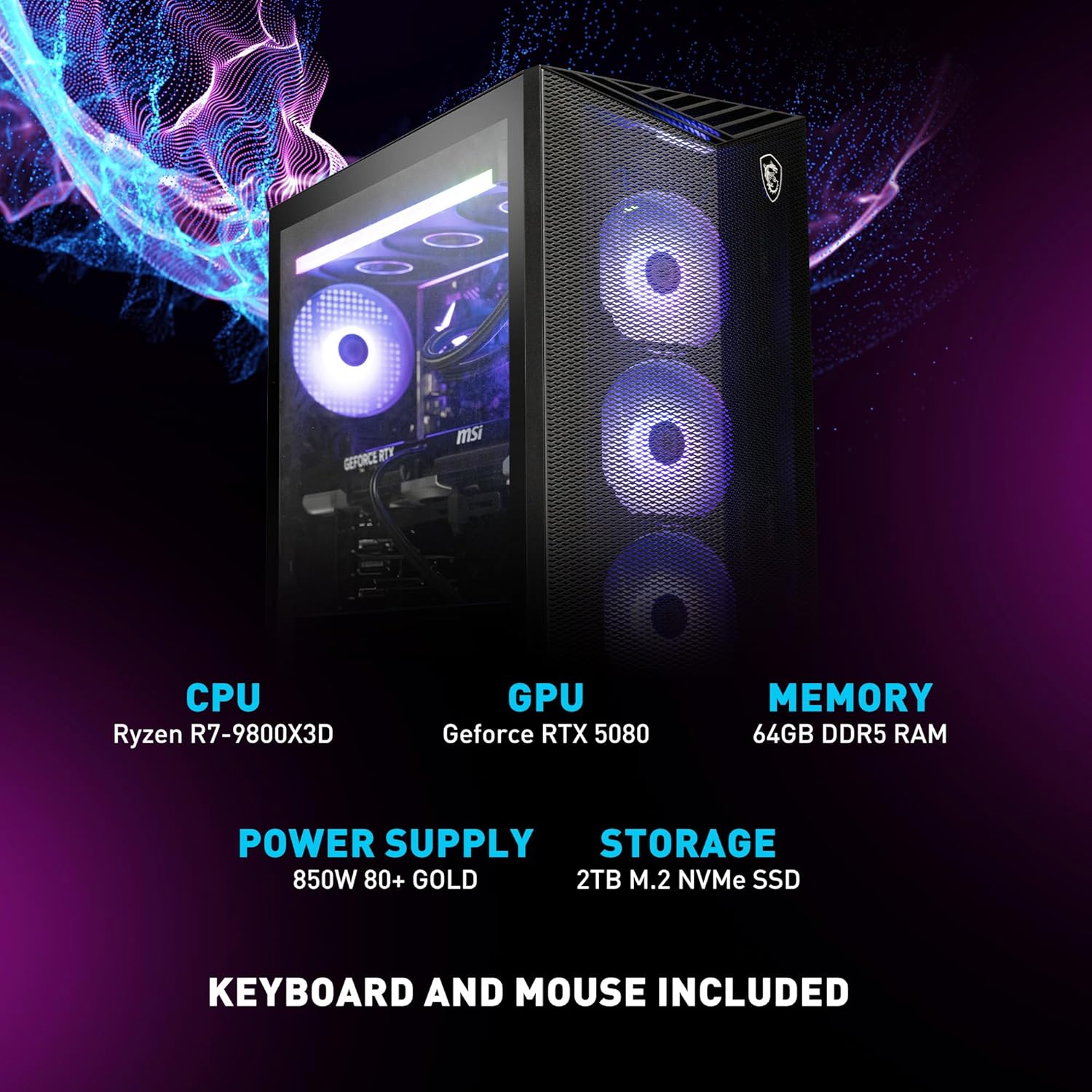 MSI Aegis ZS2 Gaming Desktop: AMD R7-9800X3D, GeForce RTX 5080, 64GB DDR5, 2TB M.2 NVMe SSD, Liquid Cooling, 850W USB Type C, VR-Ready, Window 11 Home: C9NVV-1276US