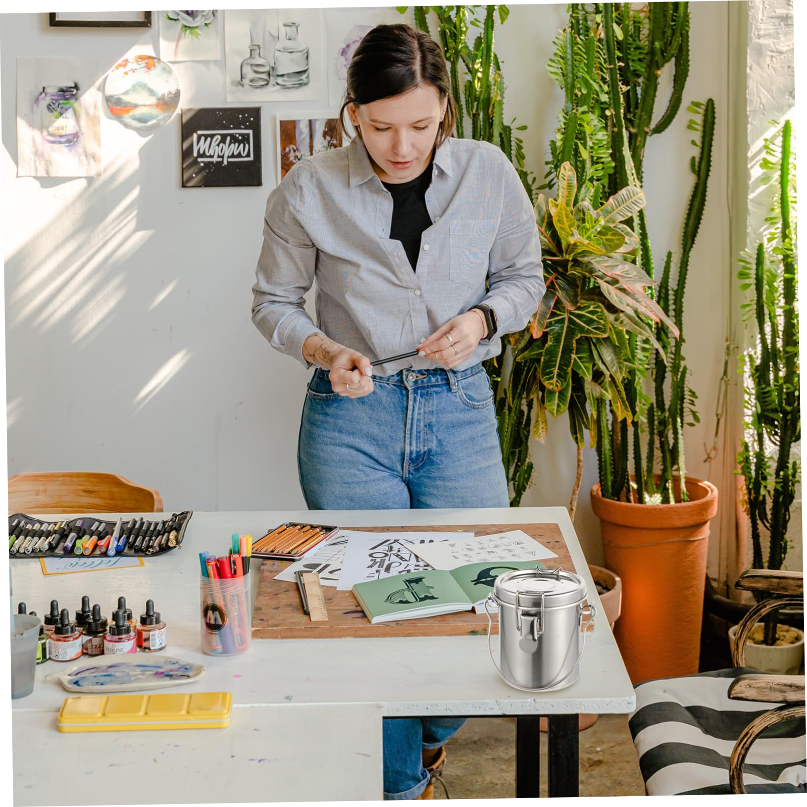 STOBOK Stainless Steel Oil Paint Bucket Portable Brush Washing Bucket Multifunctional Brush Washer for Art Lovers