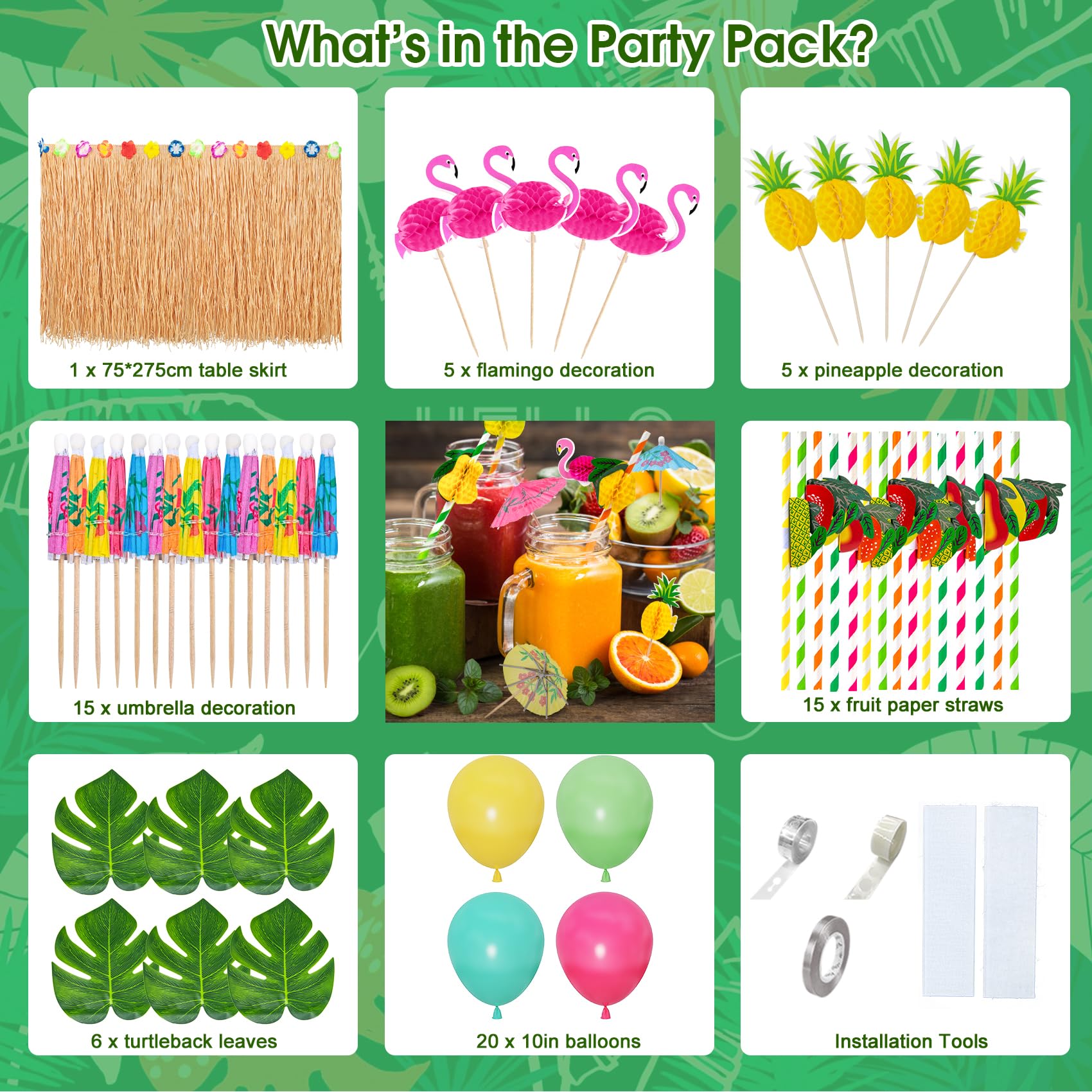 74 Pezzi Riutilizzabile Gonna Tavolo Hawaiana (75 * 275cm), Oro Tovaglia da Tavolo Hawaiian, Hawaiian Luau Gonna da Tavolo Set con cannucce di frutta 3D Palloncini Foglie di Palma Cake Topper
