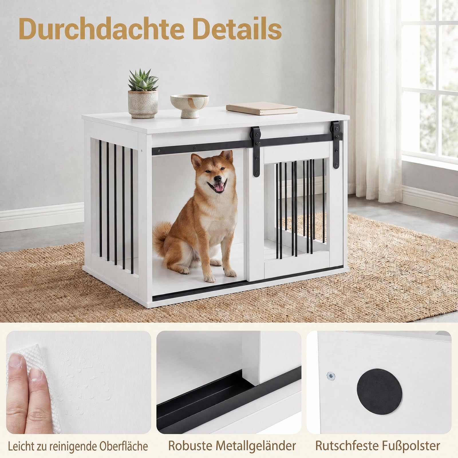 DREAMADE Hundekäfig für Zuhause, Hundebox Holz & Metall (Weiß) | Hundekäfig Möbel mit abschließbarer Schiebetür, Hundeschrank als Beistelltisch für kleine & mittelgroße Hunde, für Wohnzimmer