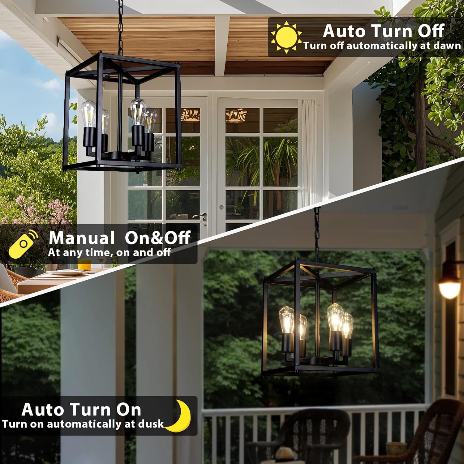 Solar Chandelier Outdoor, 14" Farmhouse Waterproof Dimmable Hanging Pendant Lights for Gazebo, Pergola, Canopy Decor