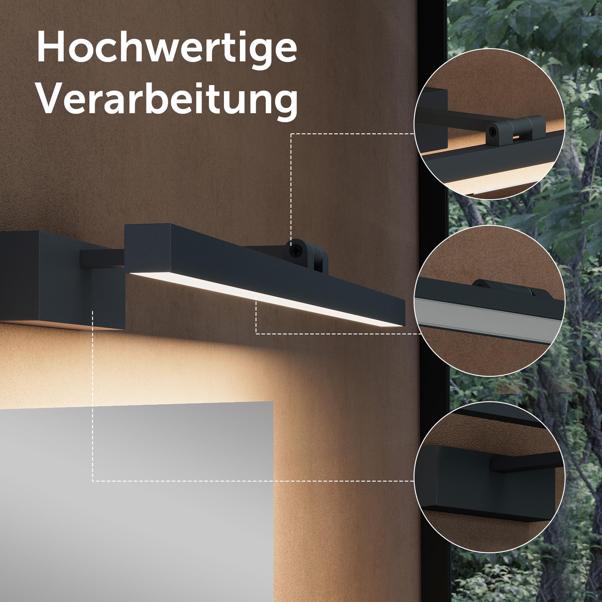 doporro LED Spiegelleuchte Badezimmerleuchte Sandschwarz 40cm - 9W Spiegellampe 4000K - 180° drehbar für flexible Ausleuchtung - Stylische Wandleuchte für Badbeleuchtung Strahlenschön