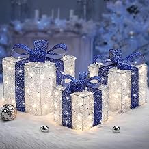 Quntis Set of 3 Christmas Gift Boxes with 140 LEDs Luminous Gifts with Blue Bows Christmas Decoration with Warm White Fairy Lights for Party Birthday