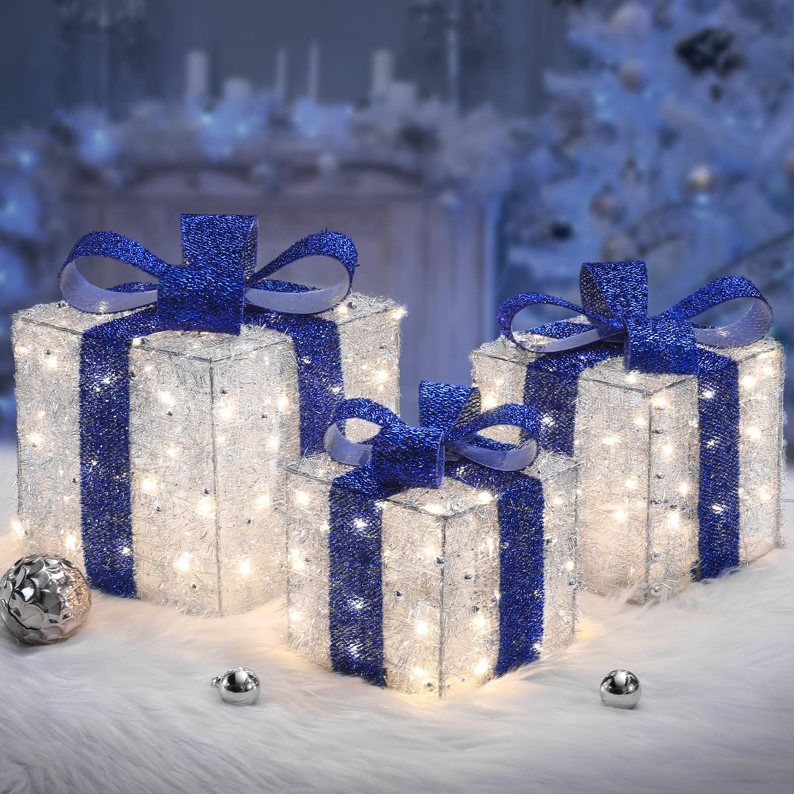 QuntisLight up Present Boxes Christmas 140 LEDs, Set of 3 Lighted Gift Boxes with 8 Modes and Timer, Plug in Blue Christmas Decorations, Light up Xmas Decorations for Indoor OutdoorEnergy Label