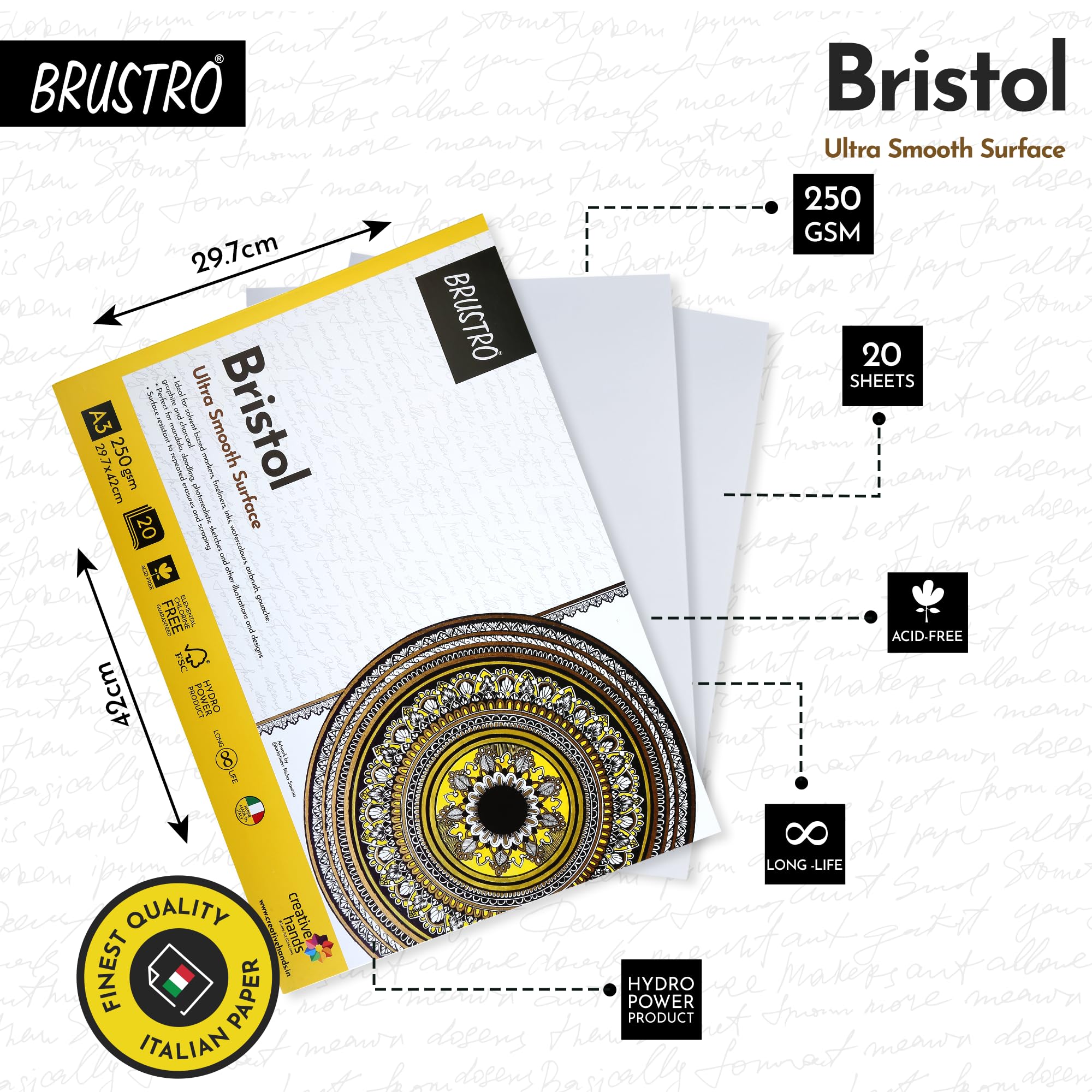 BRUSTRO Bristol Bloc de 20 feuilles adhésives ultra lisses 250 g/m² Format A3